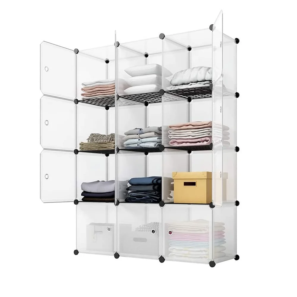 DIY 12-Cube Portable Storage Organizer, Plastic Closet Clothes Wardrobe Cabinet W/Doors for Bedroom, Dorm Room, College, Living Room - White