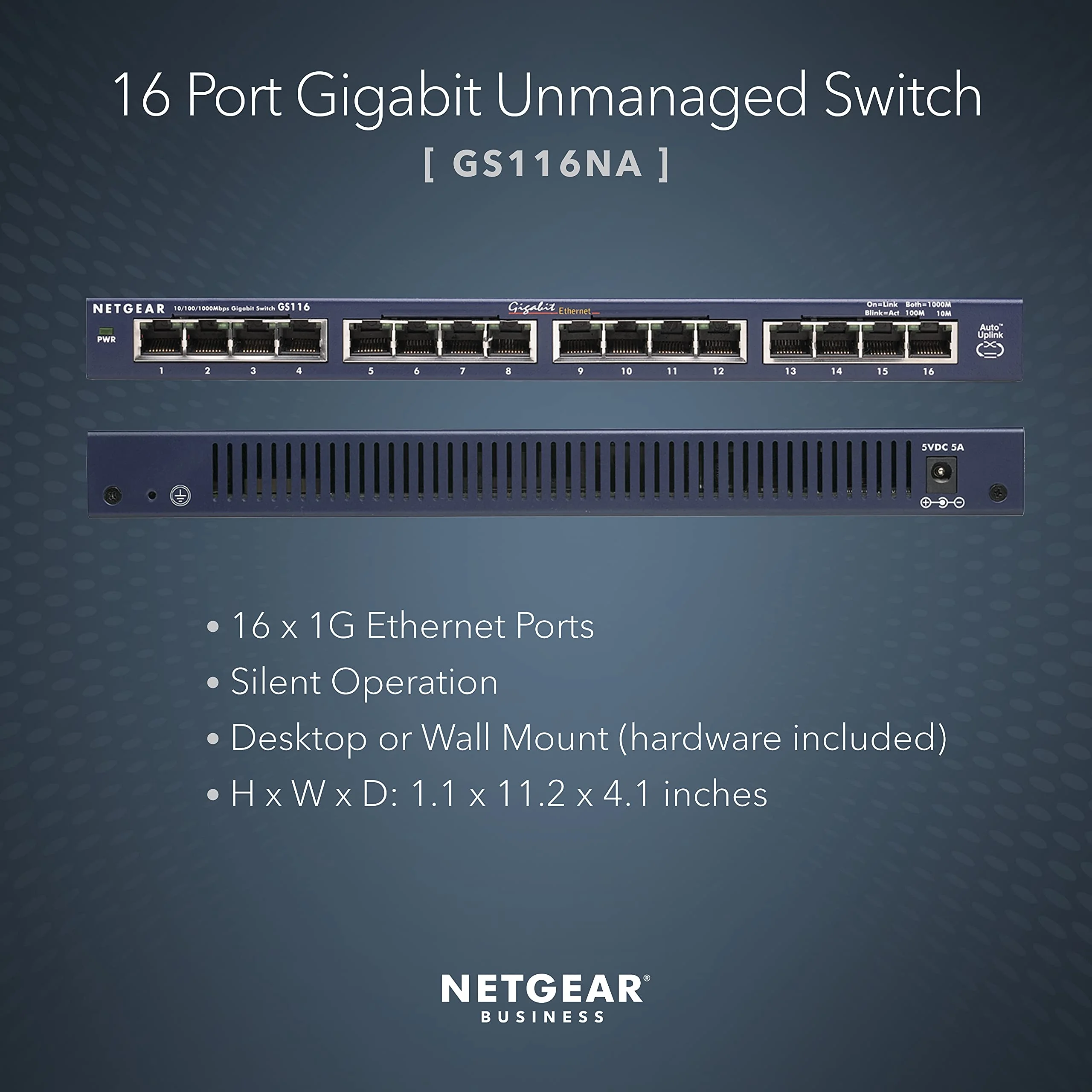 NETGEAR 16-Port Gigabit Ethernet Unmanaged Switch (GS116NA) - Desktop or Wall Mount, and Limited Lifetime Protection