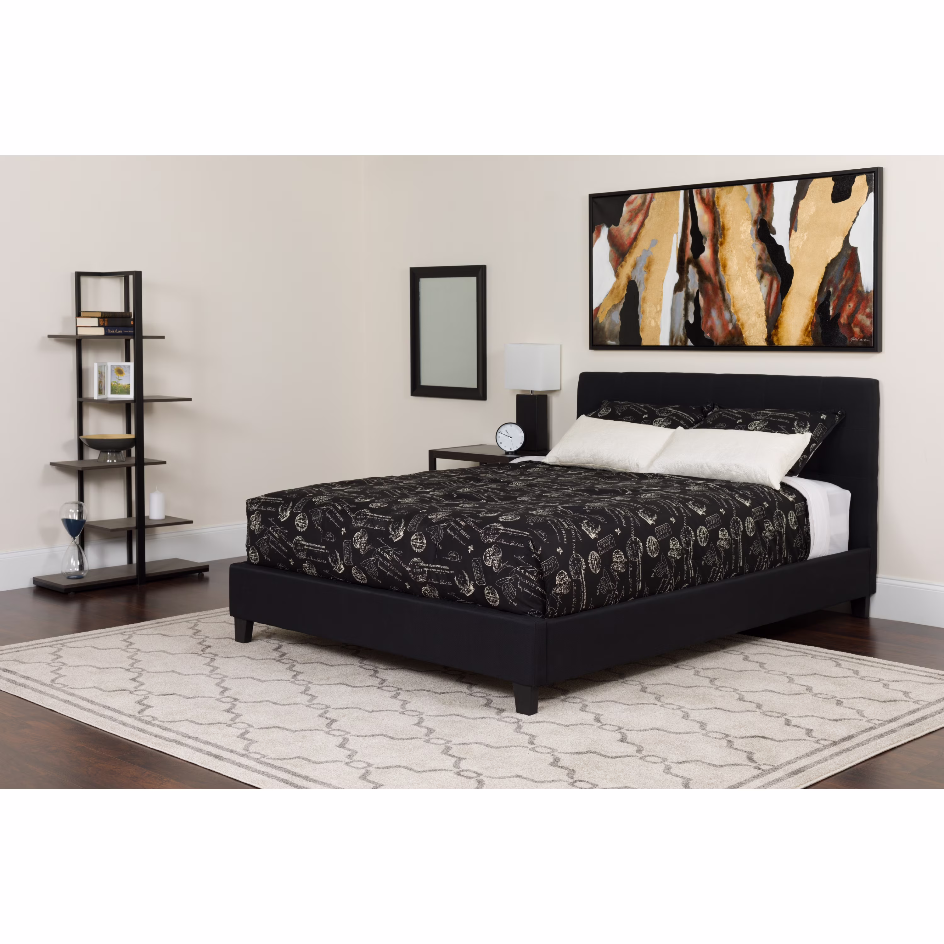 BizChair Full Size Three Button Tufted Upholstered Platform Bed in Black Fabric with Mattress