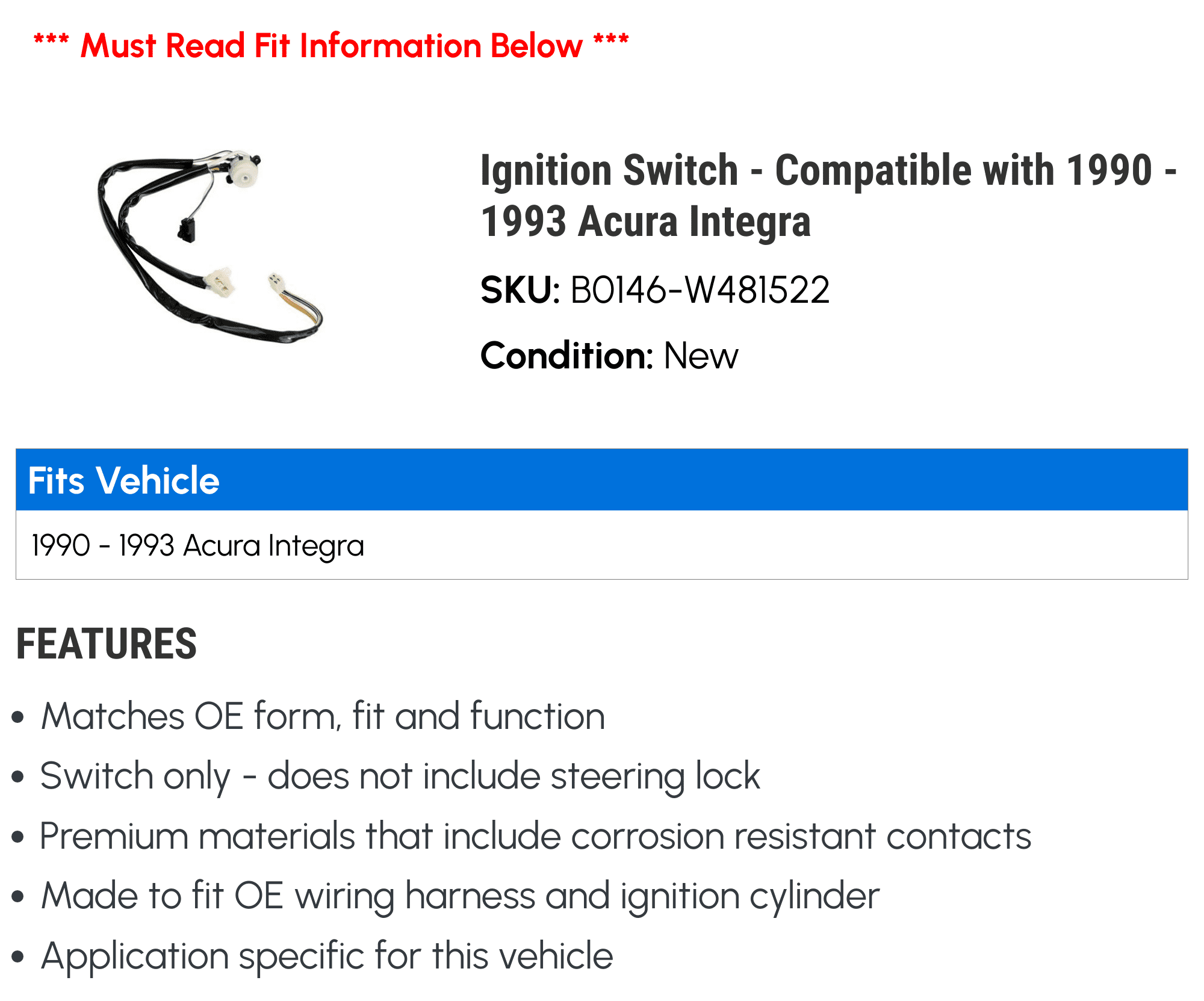 Ignition Switch - Compatible with 1990 - 1993 Acura Integra 1991 1992