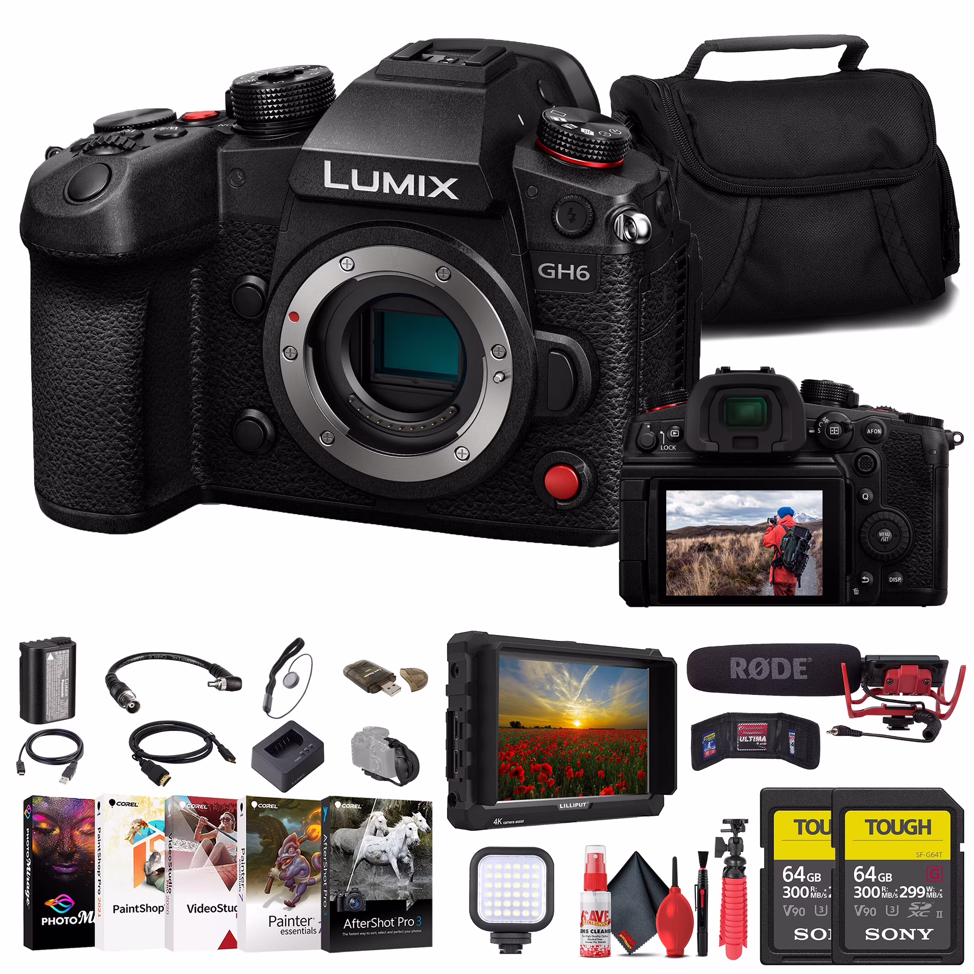 Panasonic Lumix GH6 Mirrorless Camera (DC-GH6BODY) + 4K Monitor + Rode VideoMic + Sony 64GB TOUGH SD Card + Card Reader + LED Light + Corel Photo Software + Case + Flex Tripod + Hand Strap + More