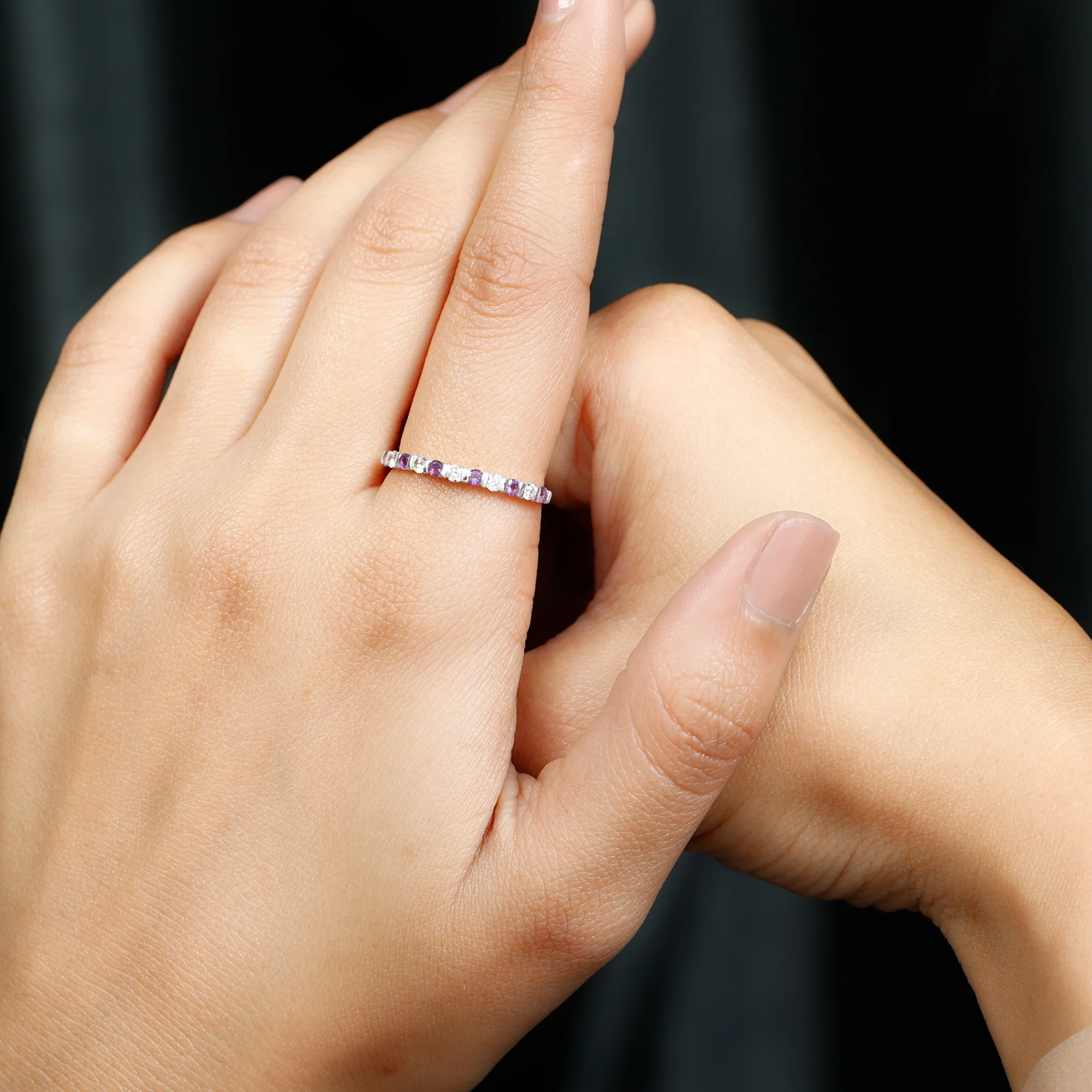 1/4 CT Amethyst and Moissanite Stackable Ring in Bar Set, 925 Sterling Silver, US 4.00