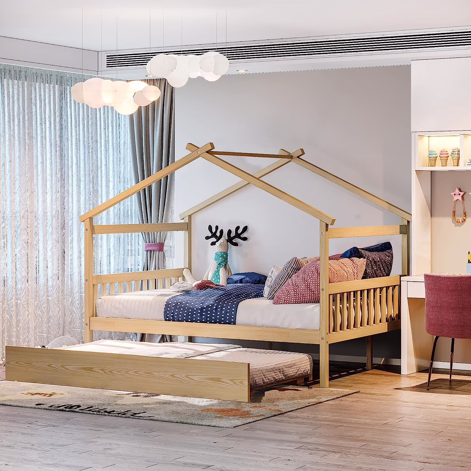 House Bed Wih rundle, Full House Bed For Kids, Wooden Daybed Plaform Bed Frame Wih Headboard, Fooboard And Roof, For Girls Boys (Full Size, Naural)