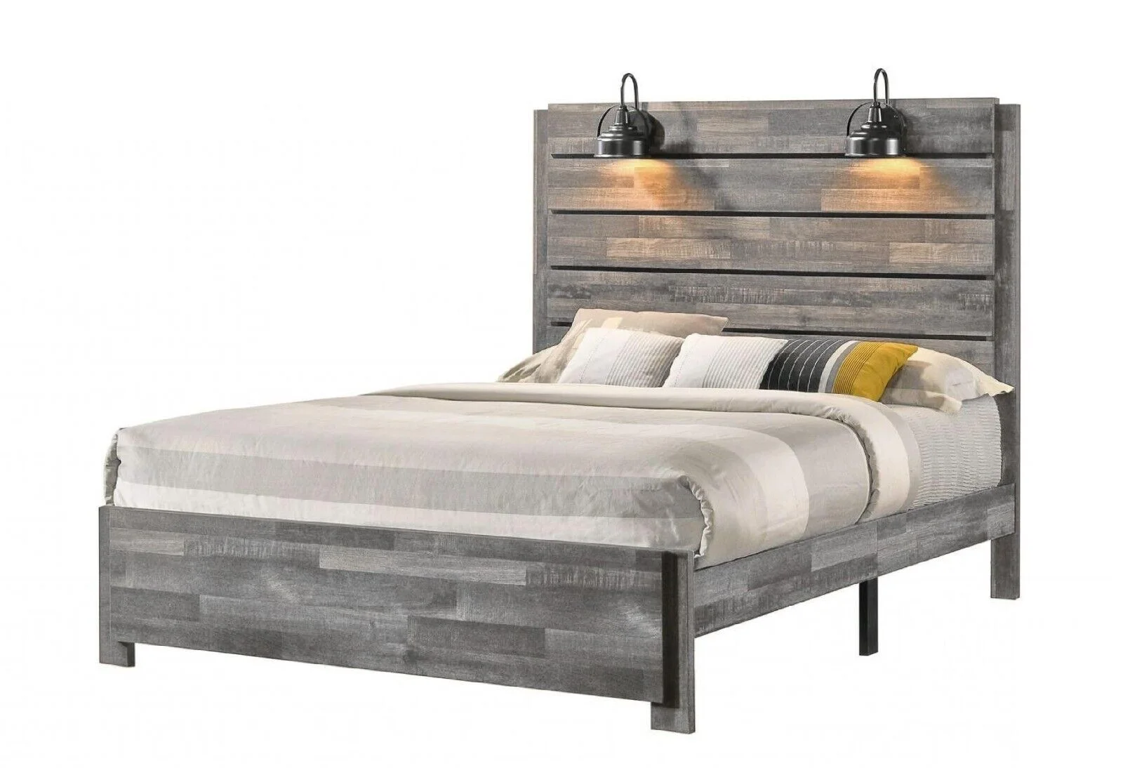 Rustic Gray 5Pc Built in Sconce Lamps Light Platform King Bed Dresser Mirror Nightstands Set