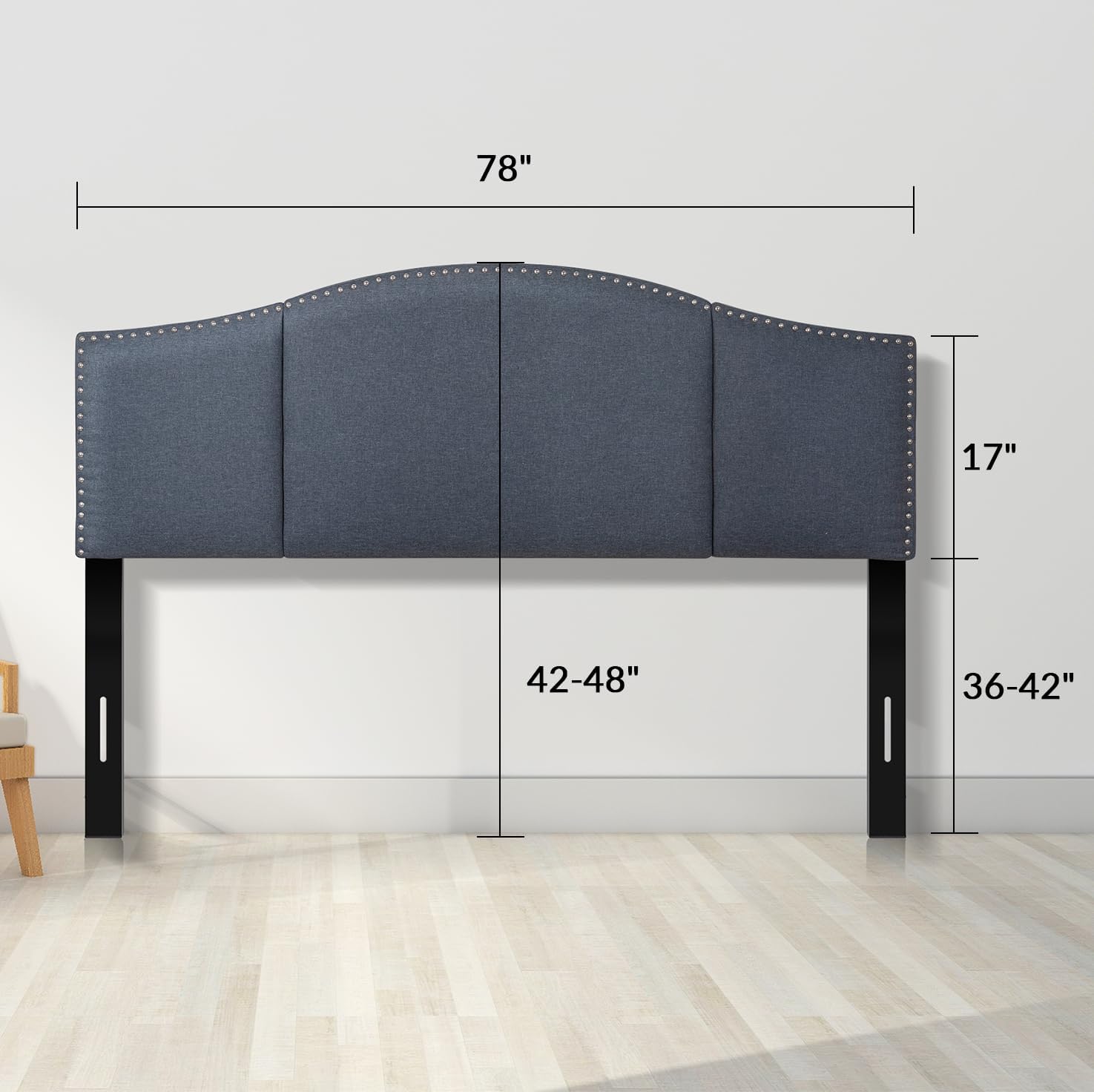 YGDU Linen Fabric Upholstered King Size Headboard with Nailheads Trim Platform, Adjustable Height Head Board, Dark Gray