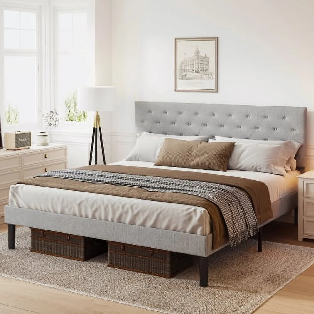 Simple Full Size Grey Bed frame, Adjustable Headboard