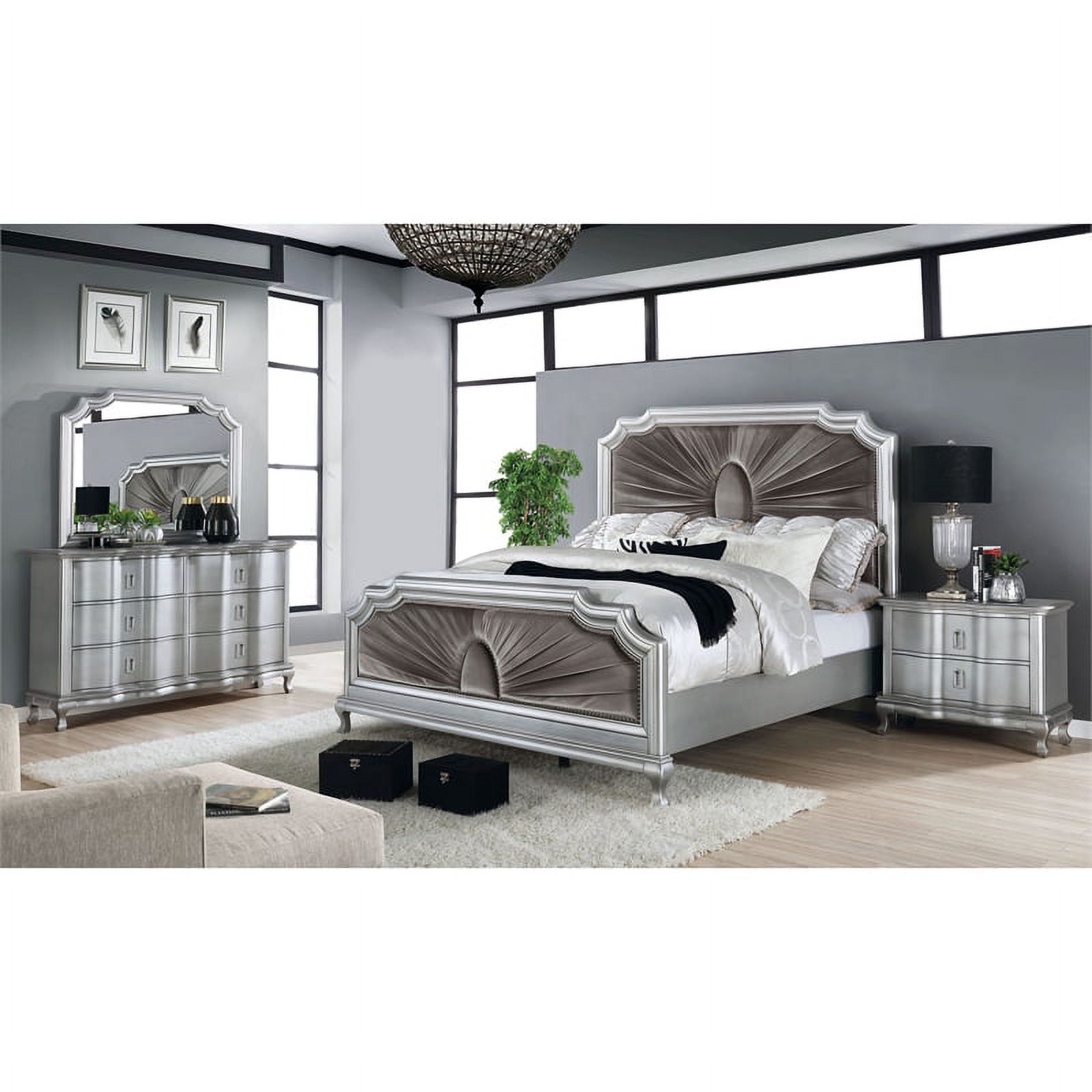 FOA Pappa Glam 3-Piece Silver Wood Bedroom Set - Cal King + Nightstand + Dresser