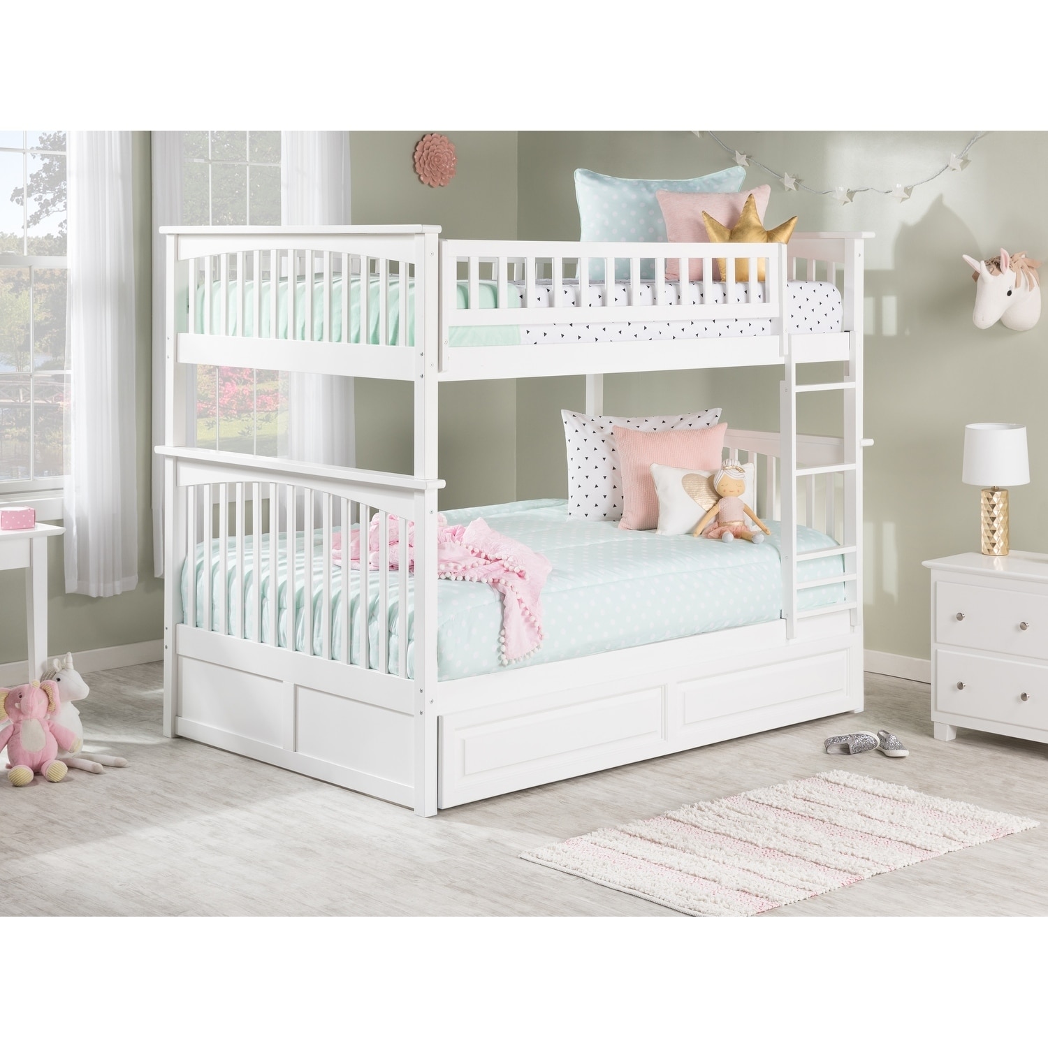 AFI Columbia Bunk Bed Full over Full with Twin Trundle Bed in White