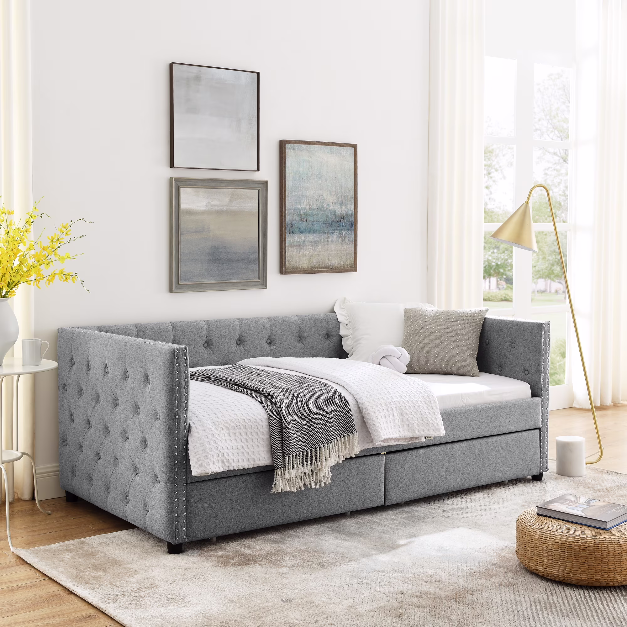 Andoer Upholstered Twin Size Daybed with Two Drawers, with Button and Copper Nail on Arms, Grey (82.75''x43''x30.75'')