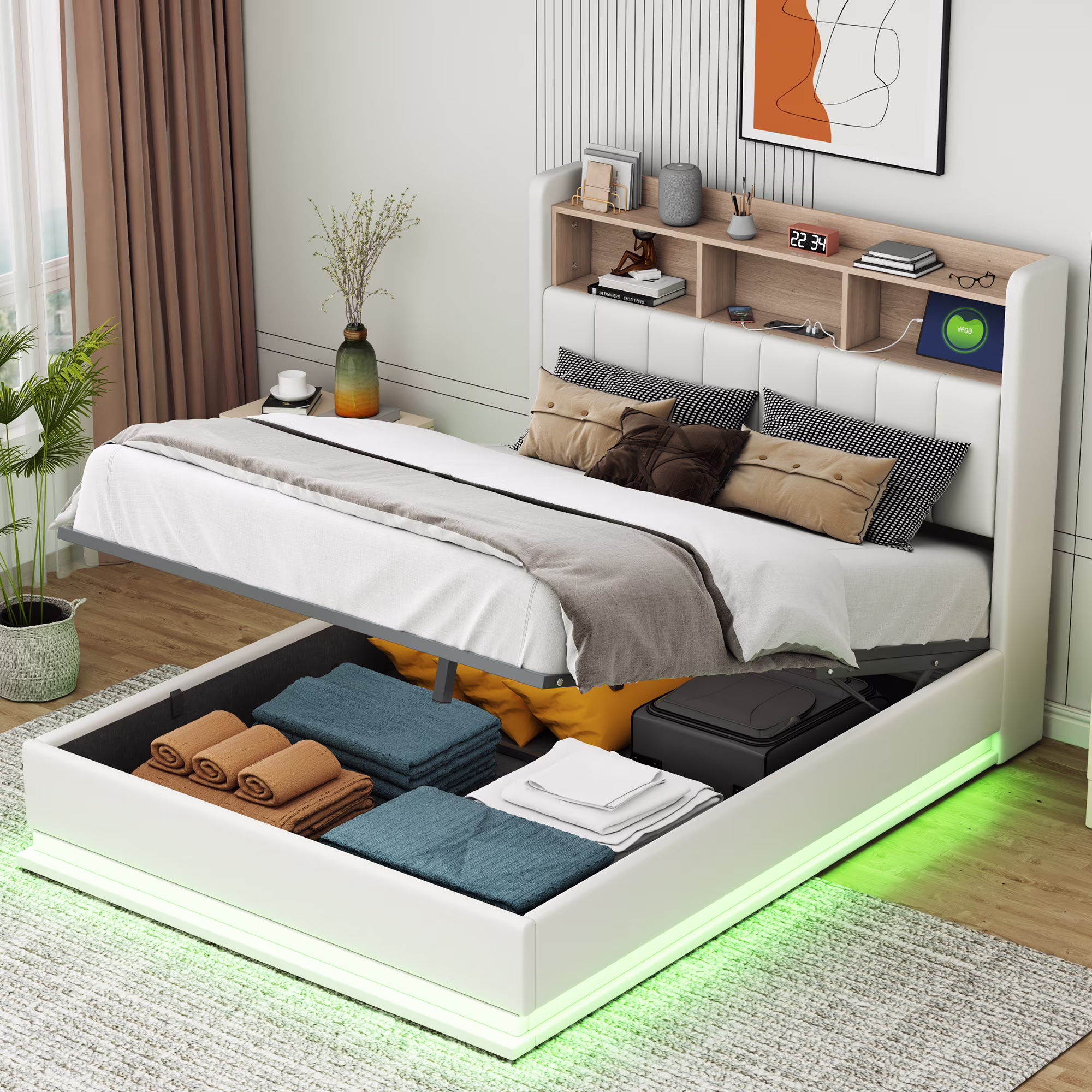 CoSoTower Full Size Upholstered Platform Bed with Storage Headboard and Hydraulic Storage System, PU Storage Bed with LED Lights and USB Charger, White