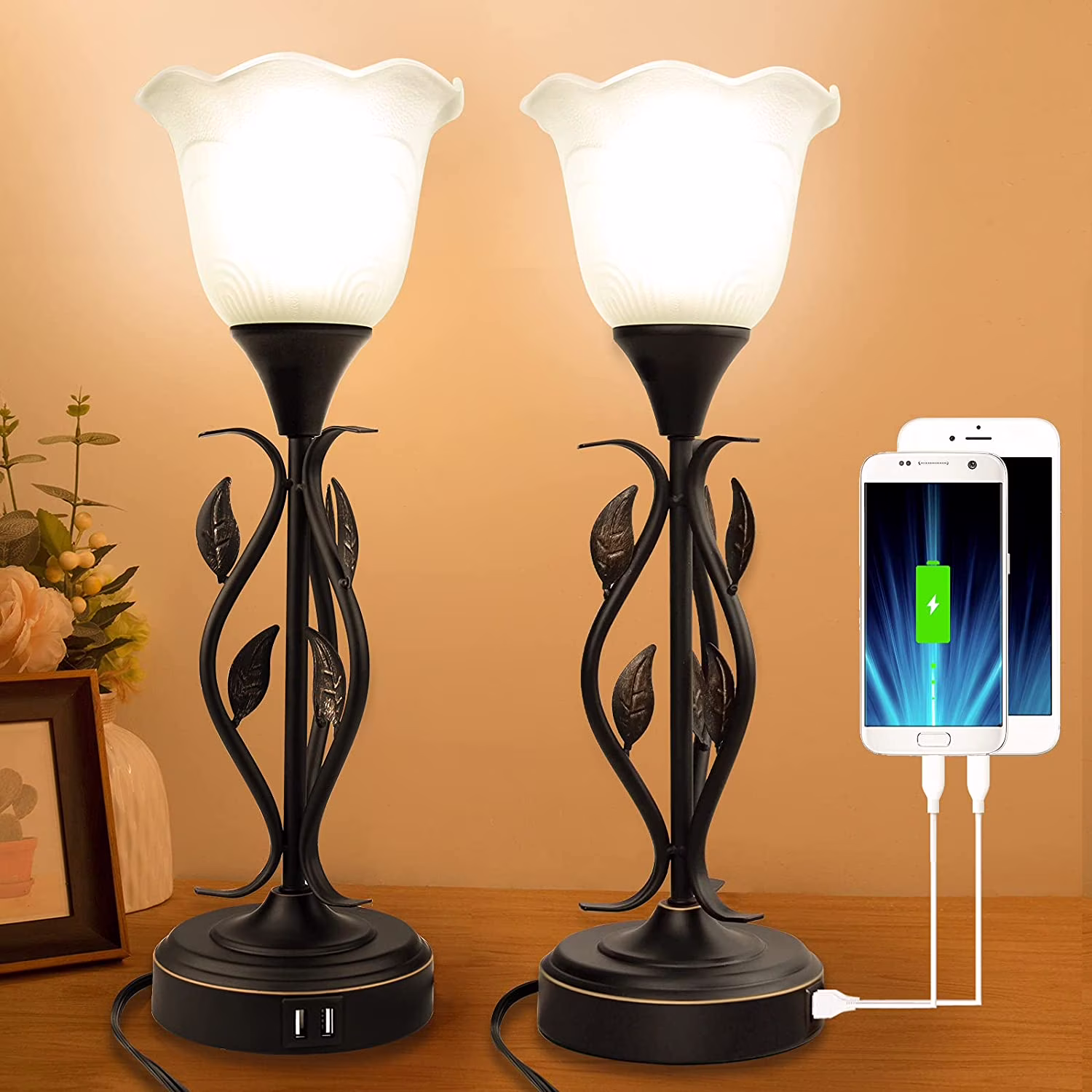 Table Lamp,Bedside Lamps Set of 2, Table Lamp with USB Port 3 Way Dimmable Touch lamp Torchiere Nightstand Lamps with Rustic Vines Leaf and Glass Flower Shade lamp for Bedroom, Living Room, Office