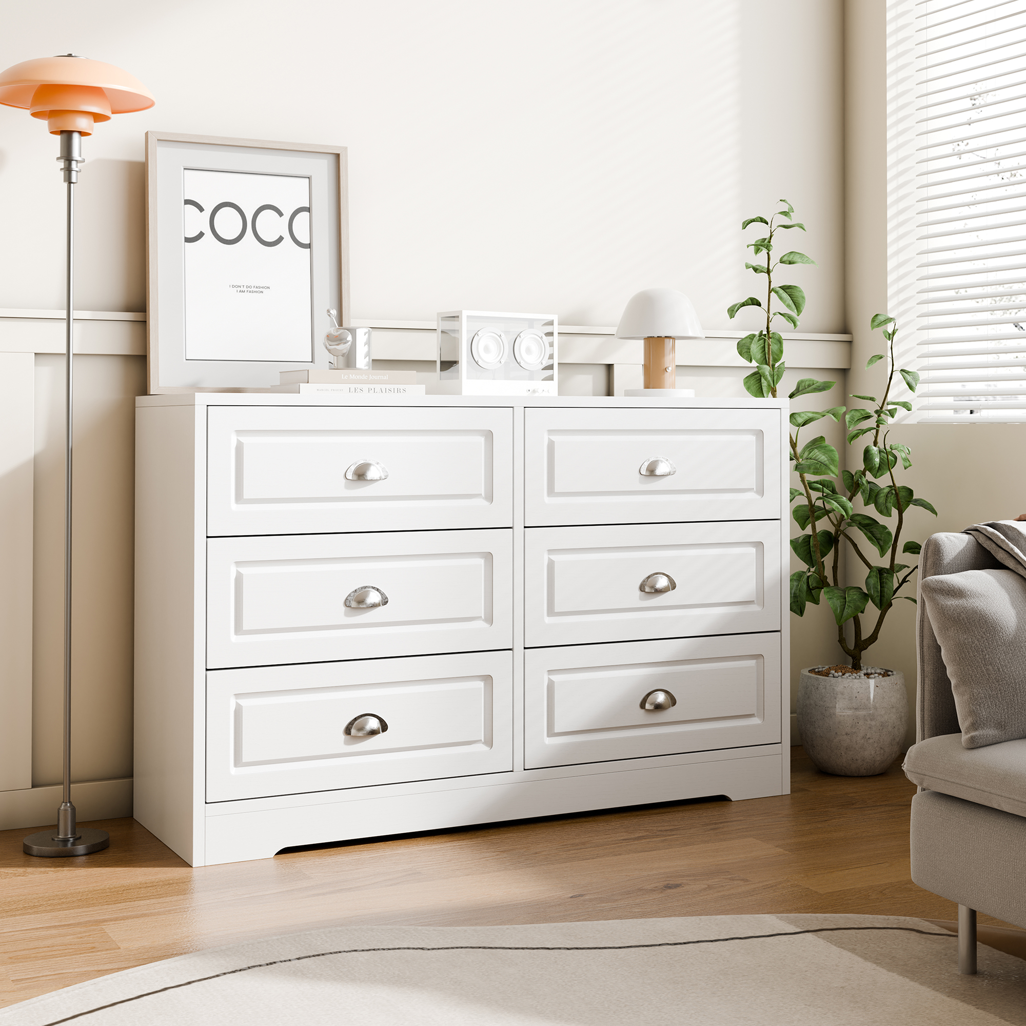 Walsunny 6 Drawer Double Dresser White Wooden Wide Chest of Drawers with Metal Handles Storage Organizer Dresser Nursery Dresser for Living Room Hallway