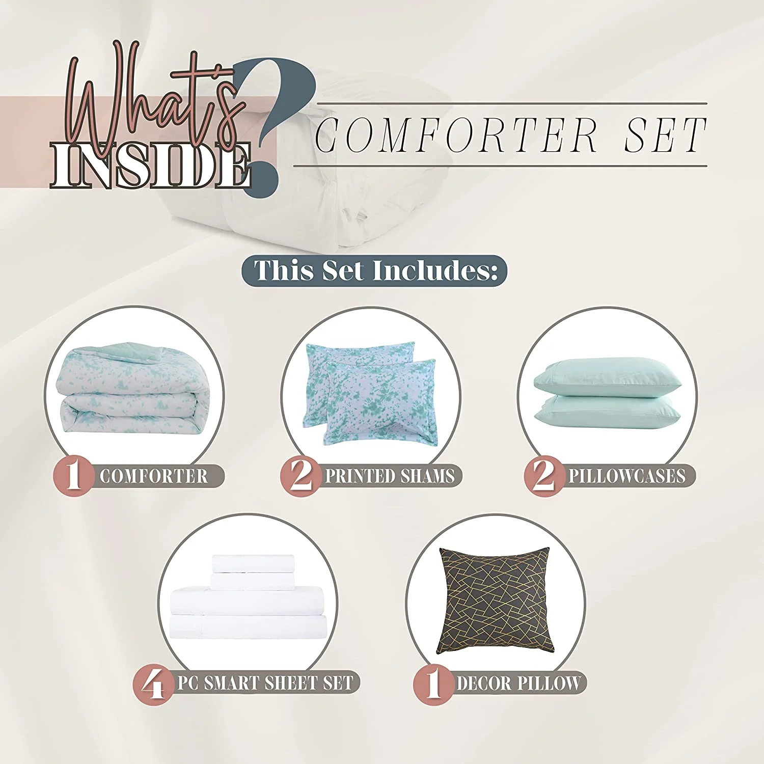 Elegant Comfort Reversible 10-Piece Comforter Set, Tie-Dye Print, Decorative Pillow and Fitted Sheet with Smart Pockets, Soft, Plush, Lightweight Material, 10pc Tie-Dye Set, Twin, Aqua Mint
