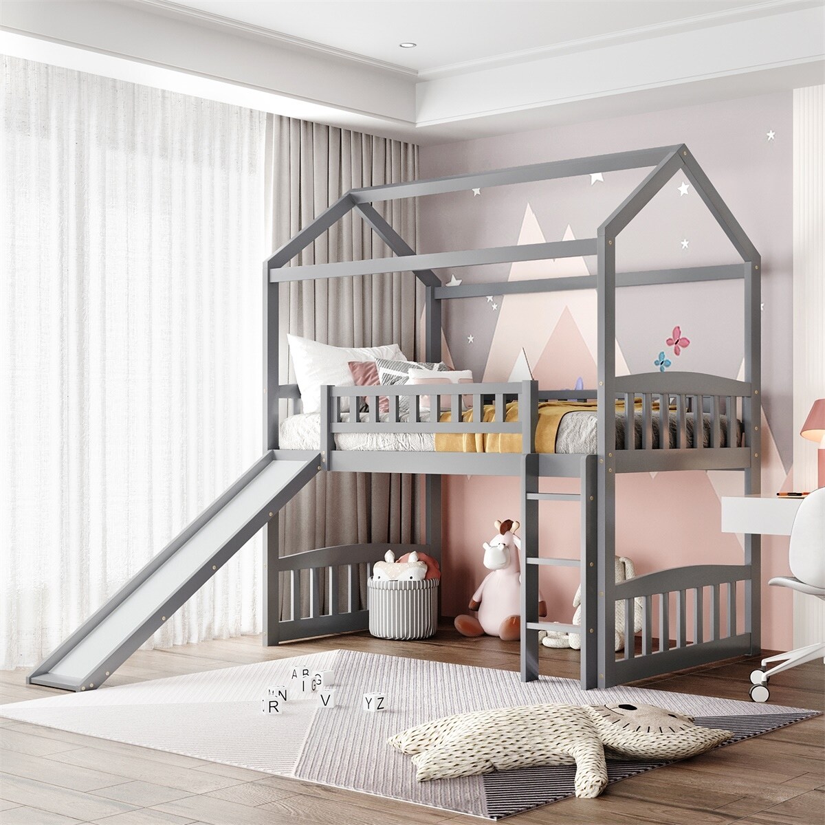 MERAX  Twin House Bed Loft Bed with Slide Grey