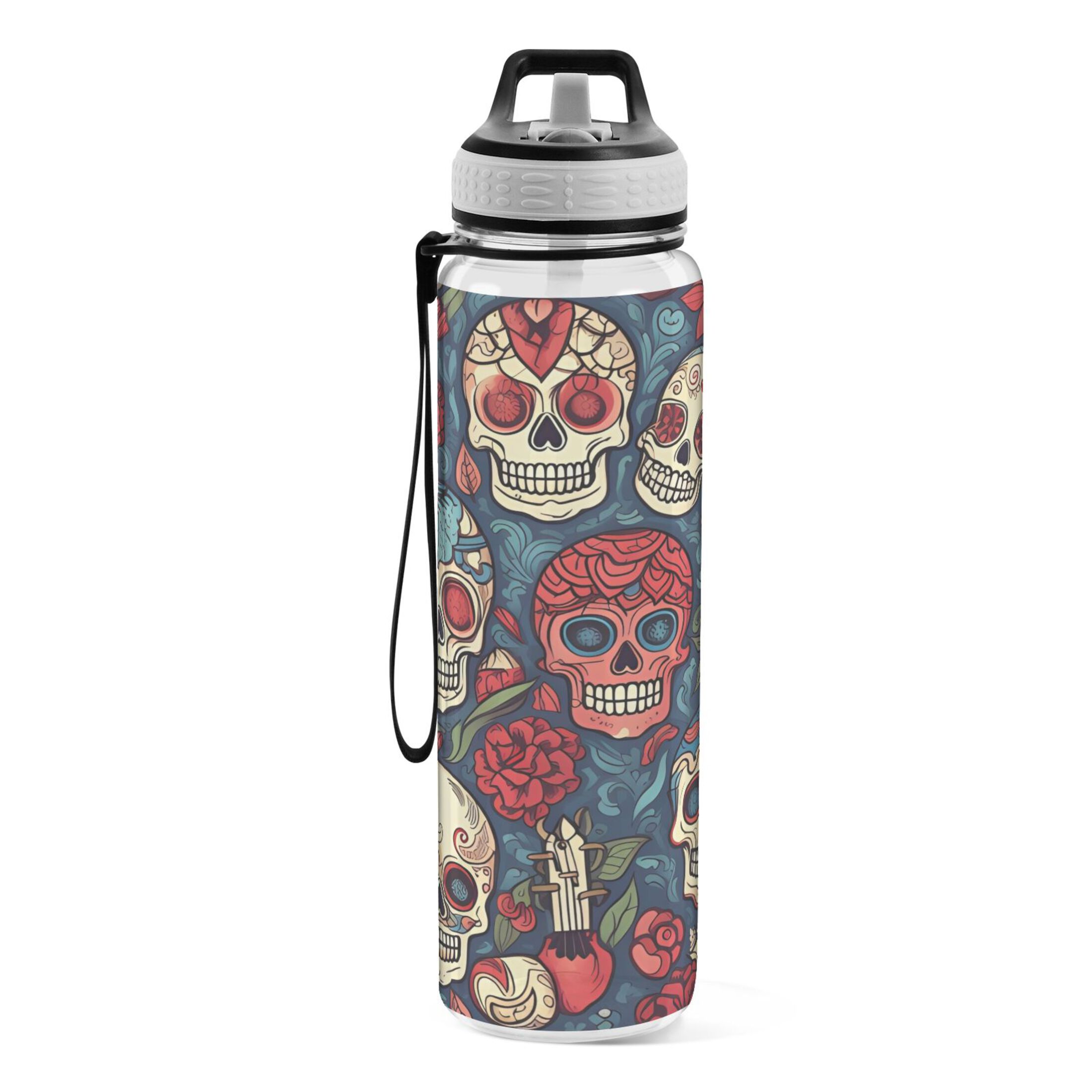 Skulls and Roses Flowers 32oz Water Bottles with Straw Tritan Leakproof Sports Bottle BPA Free Clear for Fitness Gym Swimming Cycling