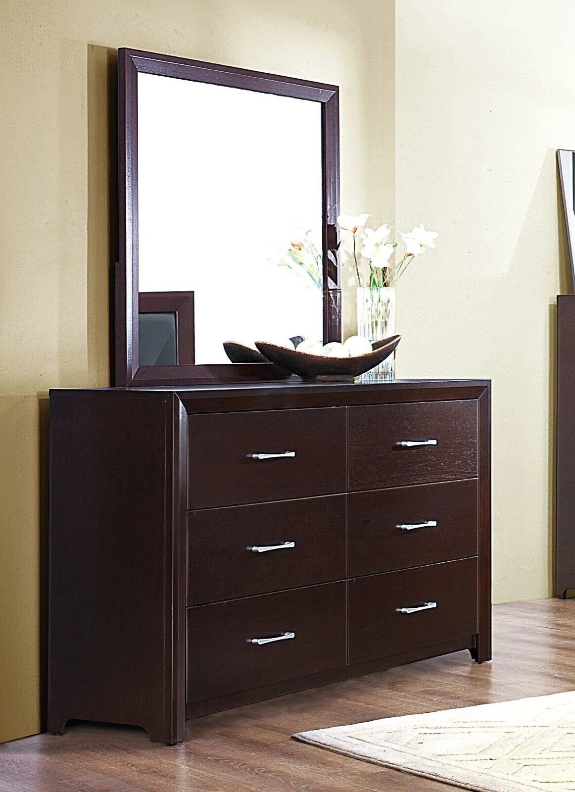Contemporary Espresso Finish Bedroom 5pc Set California King Bed Two Nightstands Dresser Mirror Bedroom Furniture