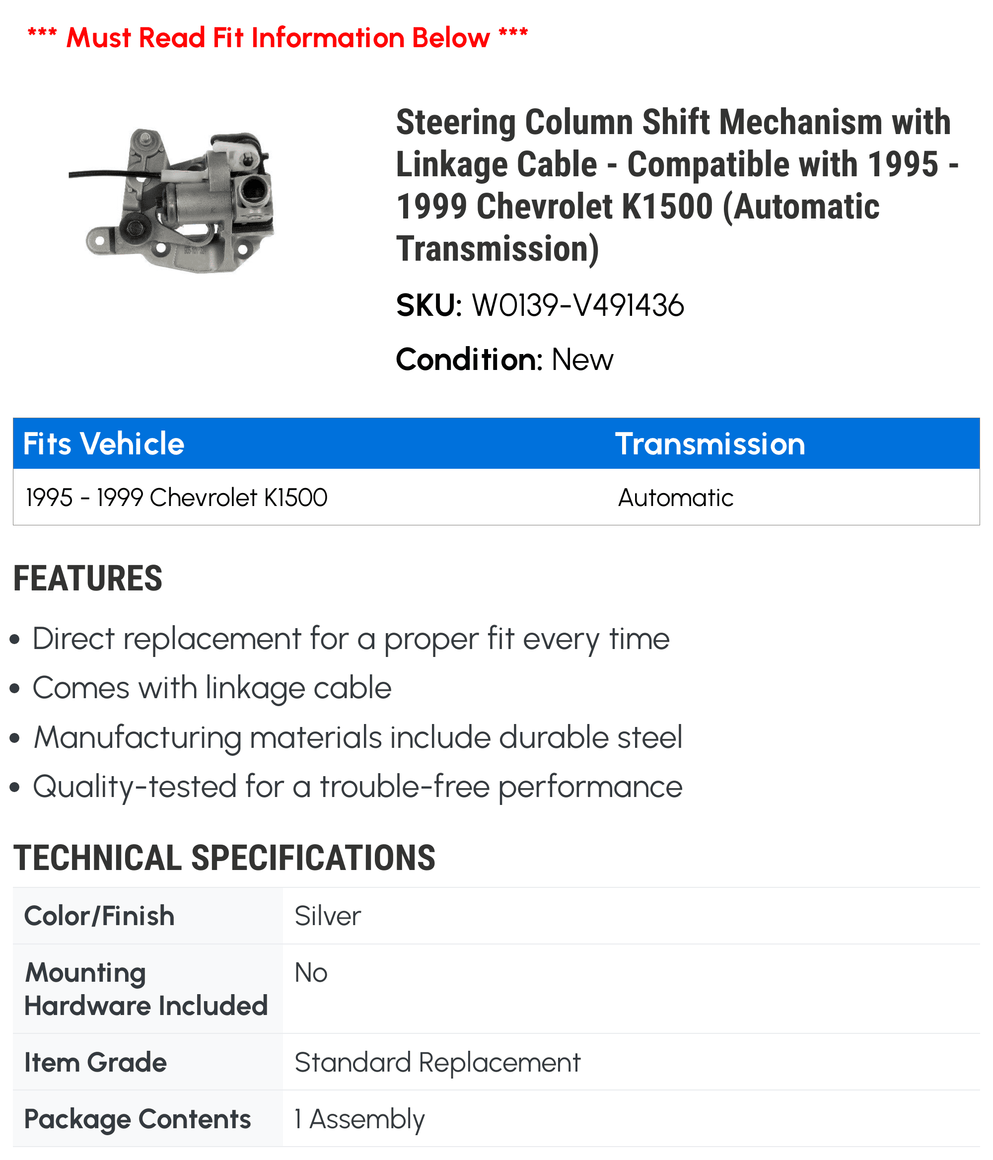 Steering Column Shift Mechanism with Linkage Cable - Compatible with 1995 - 1999 Chevy K1500 (Automatic Transmission) 1996 1997 1998