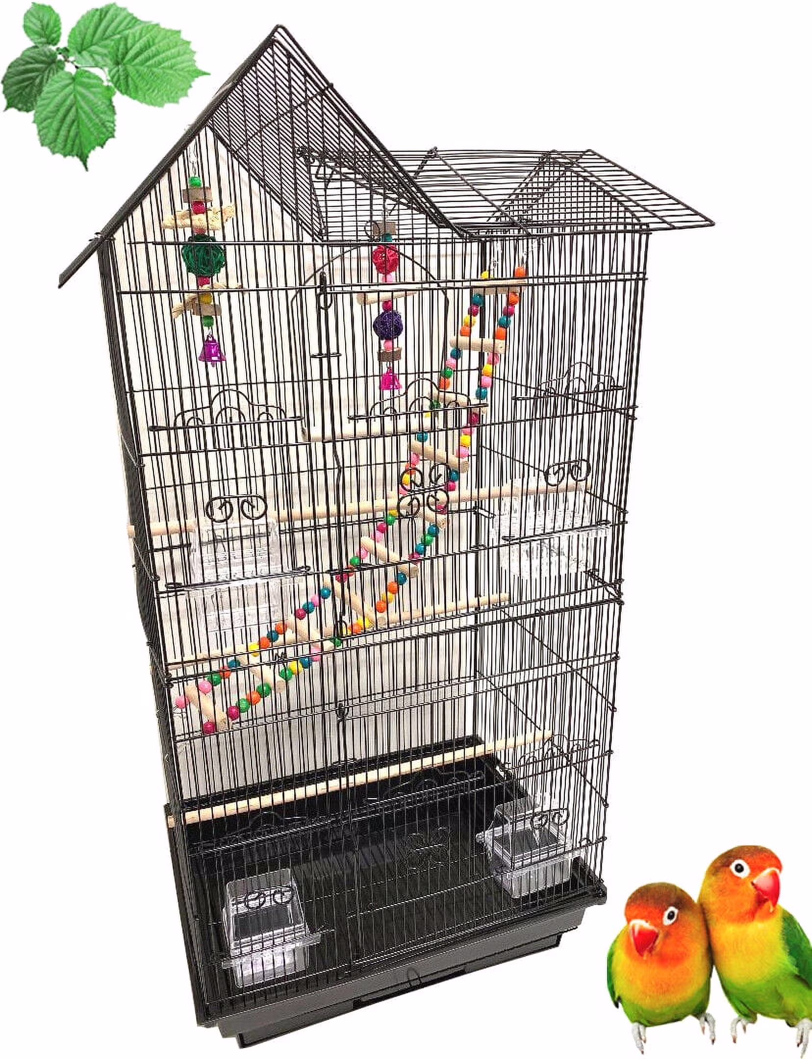 Large Double Roof Top Flight Bird Cage with Toys and Crossover Ladder for Cockatiels Sun Parakeets Green Cheek Conures Aviary Budgie Finch Lovebird Canary Pet Bird Travel Cage
