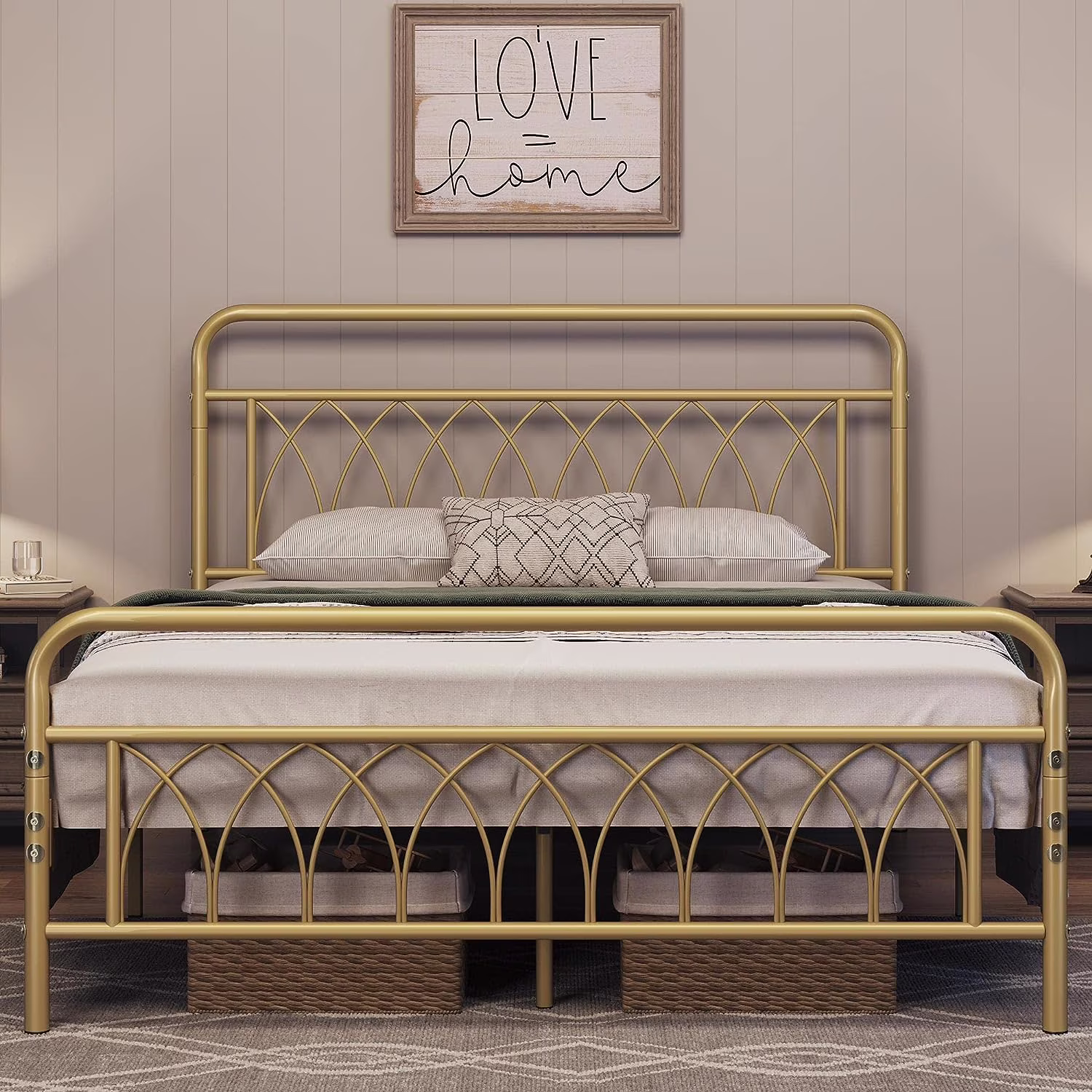 Queen Bed Frame Metal Platform Bed with Petal Accented Headboard/Footboard/14.4 Inch Under Bed Storage/No Box Spring Needed,Antique Gold
