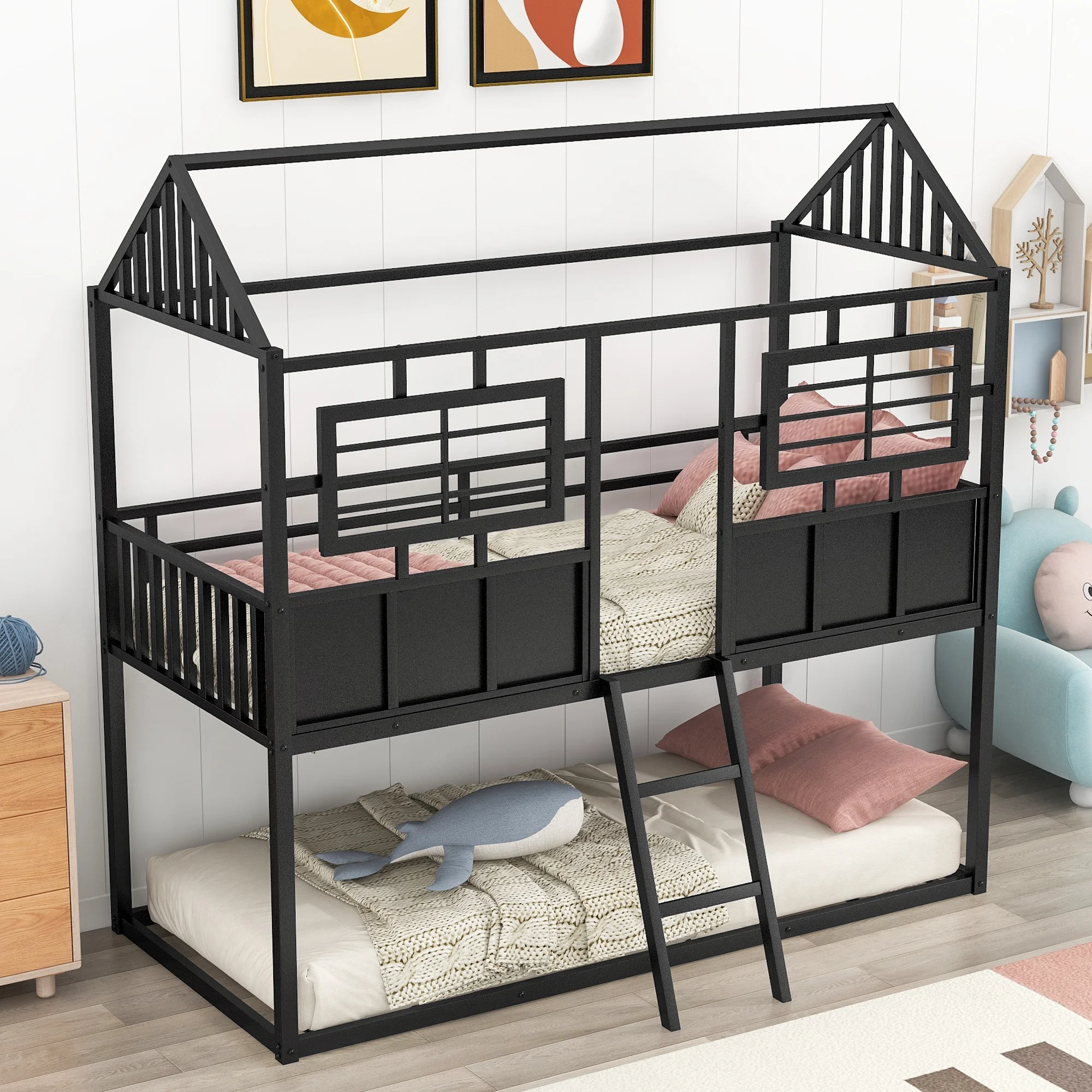 Twin over Twin House Bunk Bed with Windows, Metal Bunk Bed Frame with Roof and Fence-shaped Guardrail, Bunk Bed Frame with Guardrails (Black)