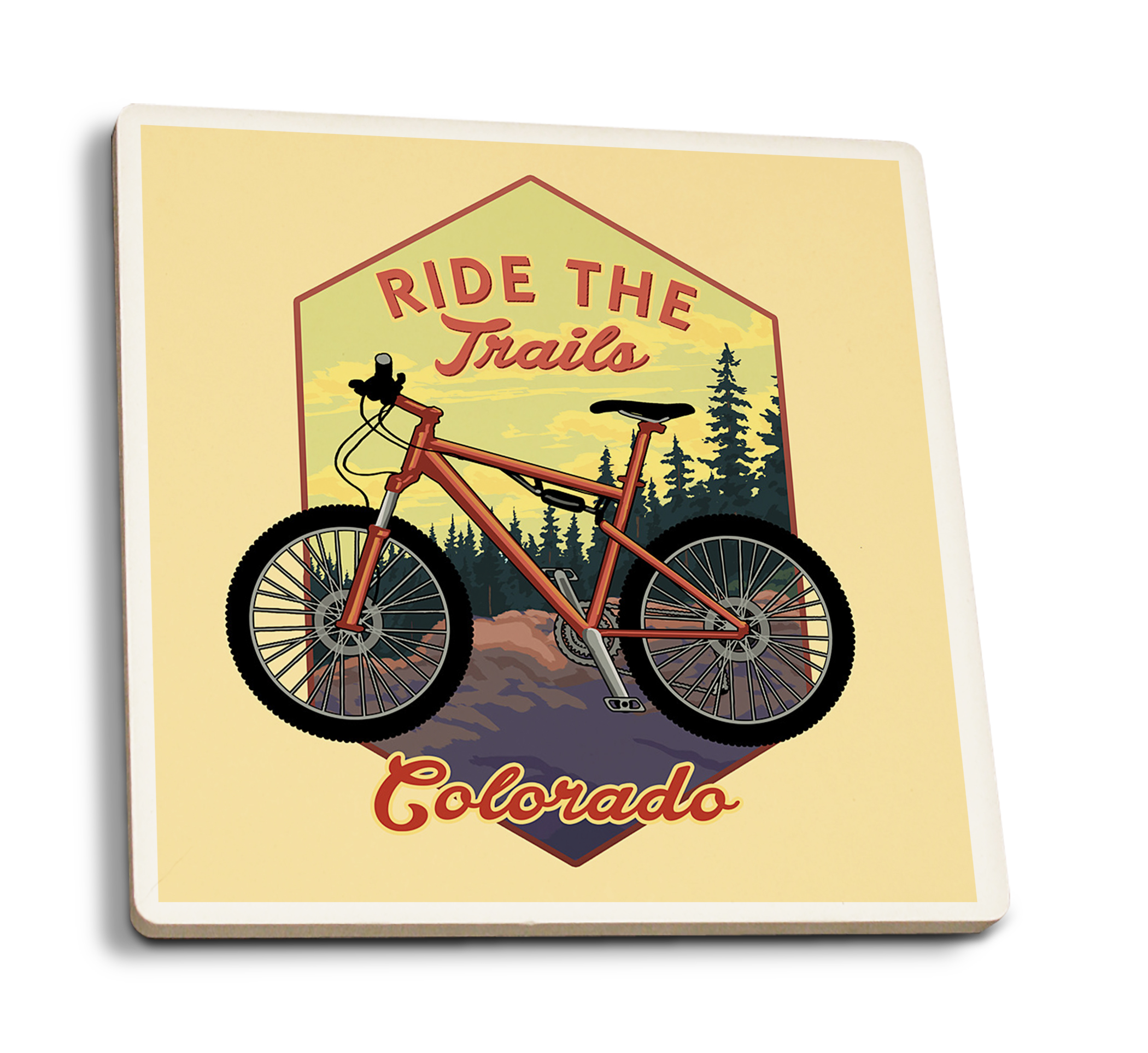 Lantern Press Ceramic Coaster Set, Colorado, Ride the Trails, Mountain Bike, Contour, Cork Back, Absorbent, Unique Art