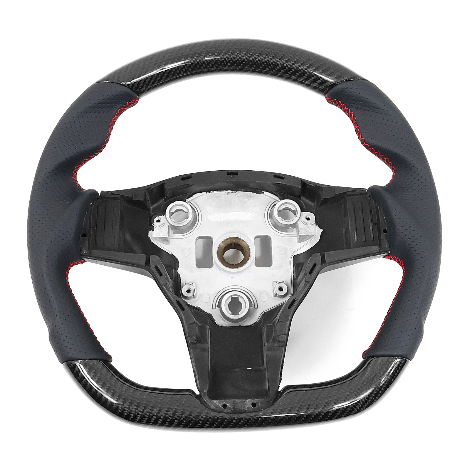 Ikon Motorsports Steering Wheel Compatible with 17-23 Tesla Model 3 Y Carbon Fiber & Perforated Leather With Red Stitching