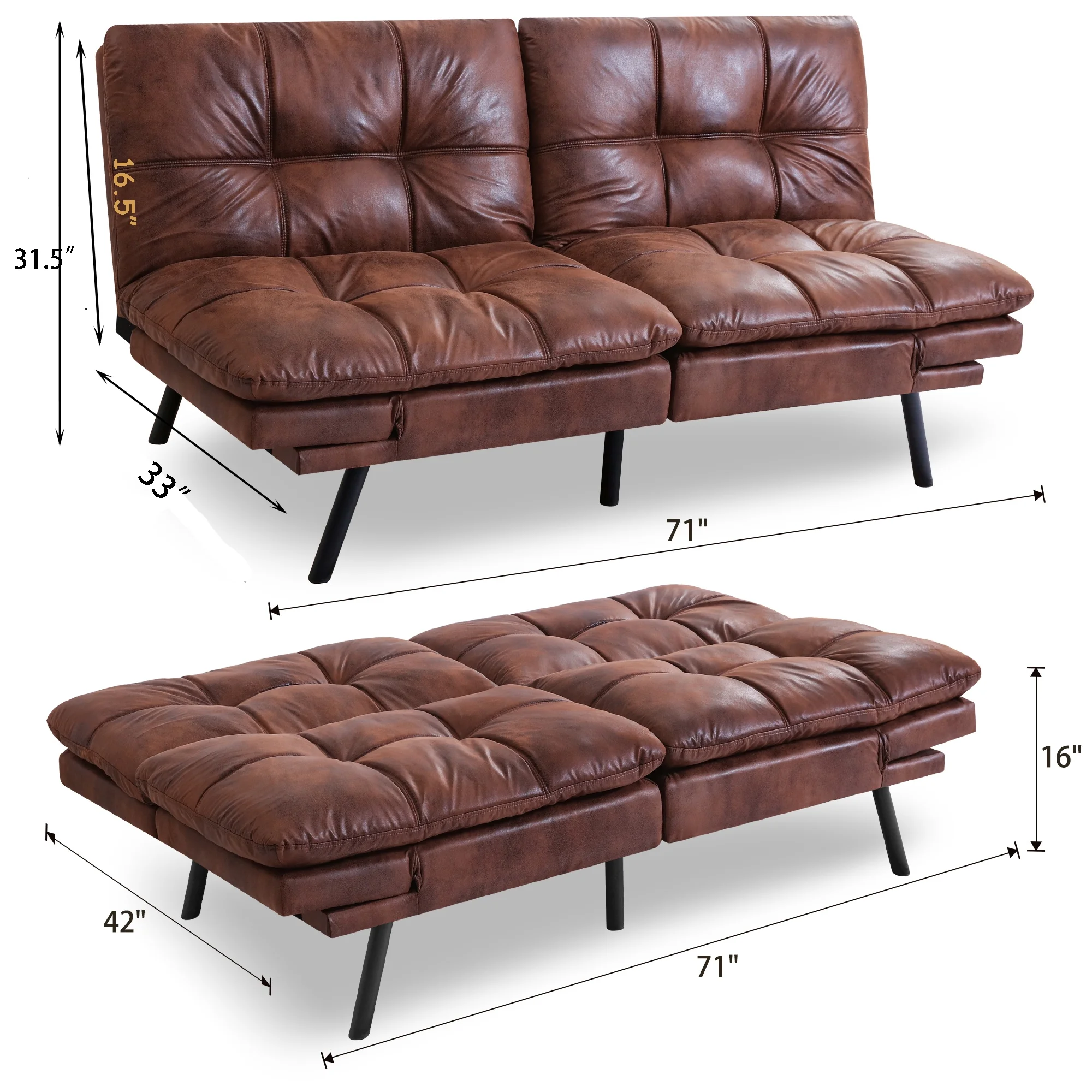 Airdown Sofa, with Armrests And Metal Legs, Convertible Futon Sofa Bed, Brown