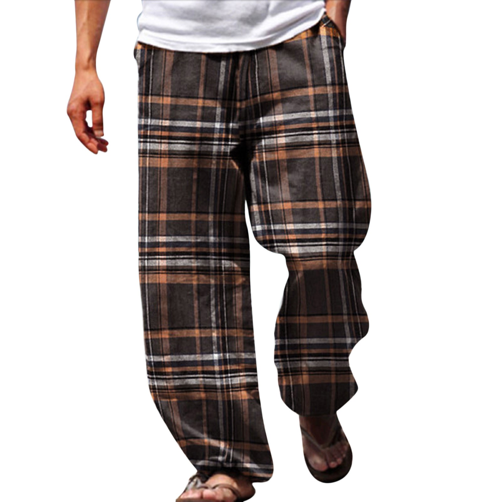 Mens Classic Plaid Print Sunshine Chiffon Double Pocket Stretch Breathable Thermal Insulation Comfortable Loose Casual Trousers Clothes Men Black M