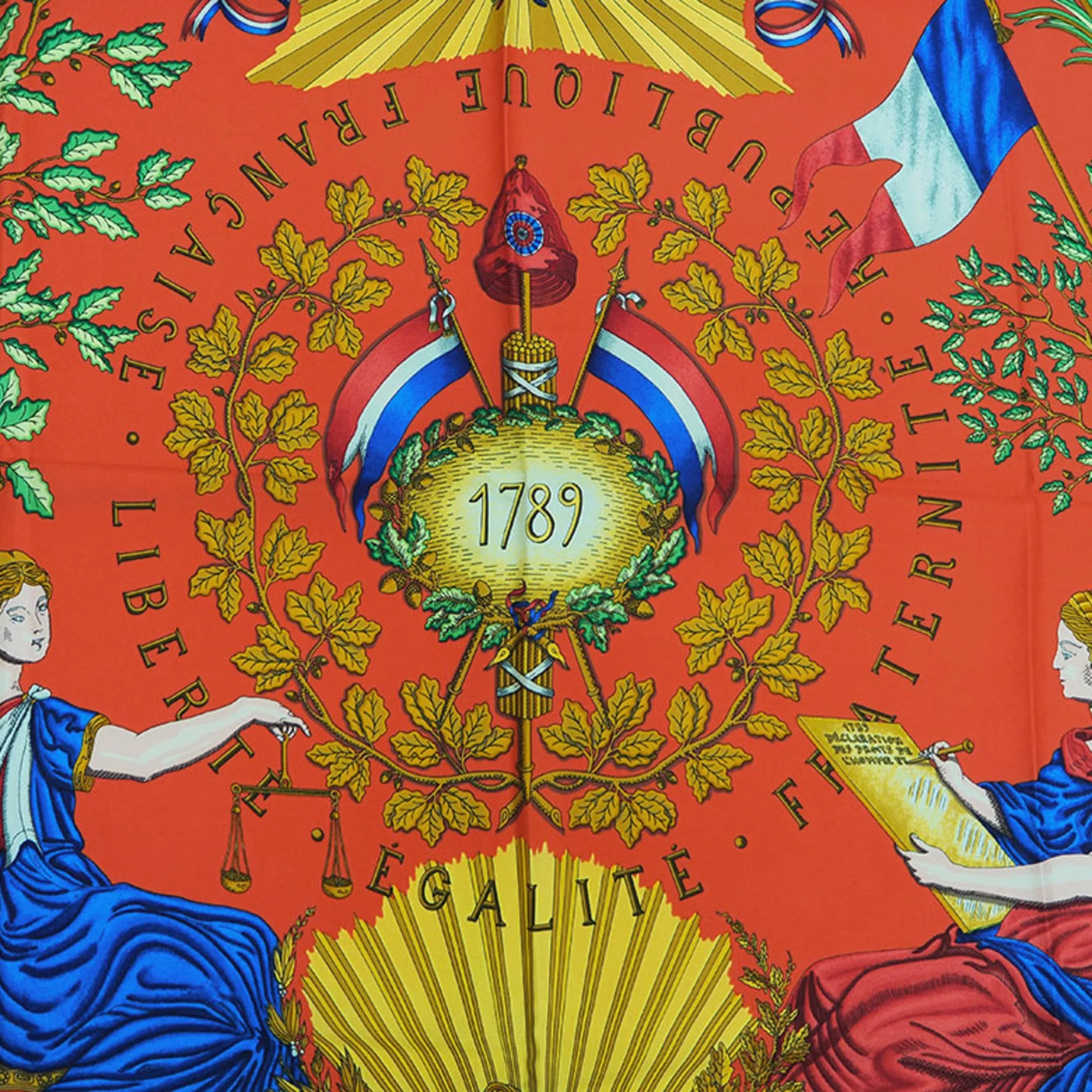 Pre-Owned HERMES Hermes Carre 90 LIBERTE EGALITE FRATERNITE REPUBLIQUE FRANCAISE 1789 Black x Orange Scarf Muffler (Like New)