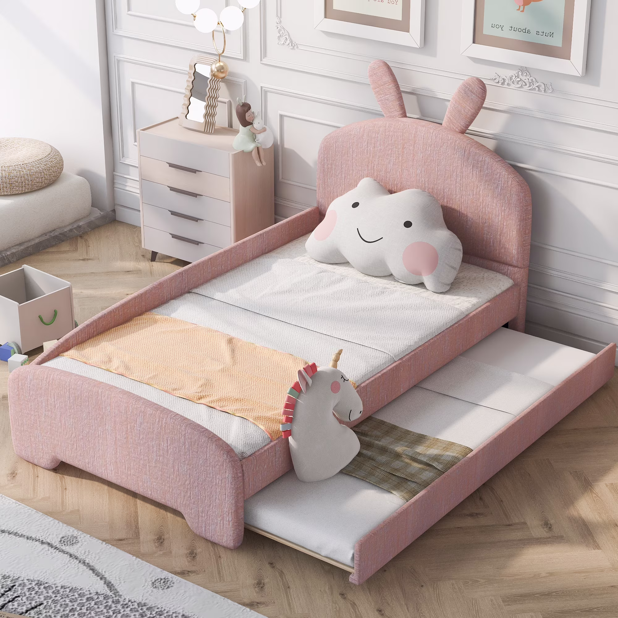 CoSoTower Twin Size Upholstered Platform Bed with Cartoon Ears Shaped Headboard and Trundle, Pink