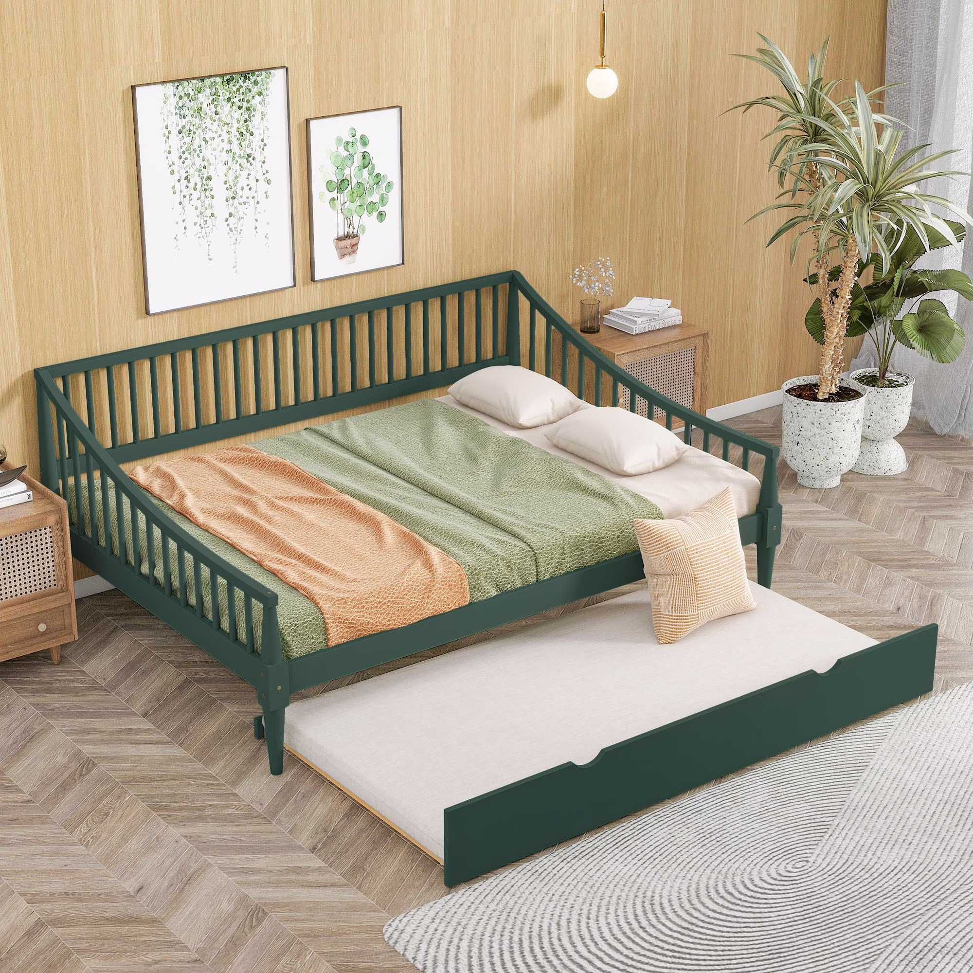 Elegant Design Full Size Daybed with Trundle and Support Legs, Pine Wood Day Bed with Maximized space Office/Living Room/Bedroom, Sturdy Slats Support Wooden for Teens Adults