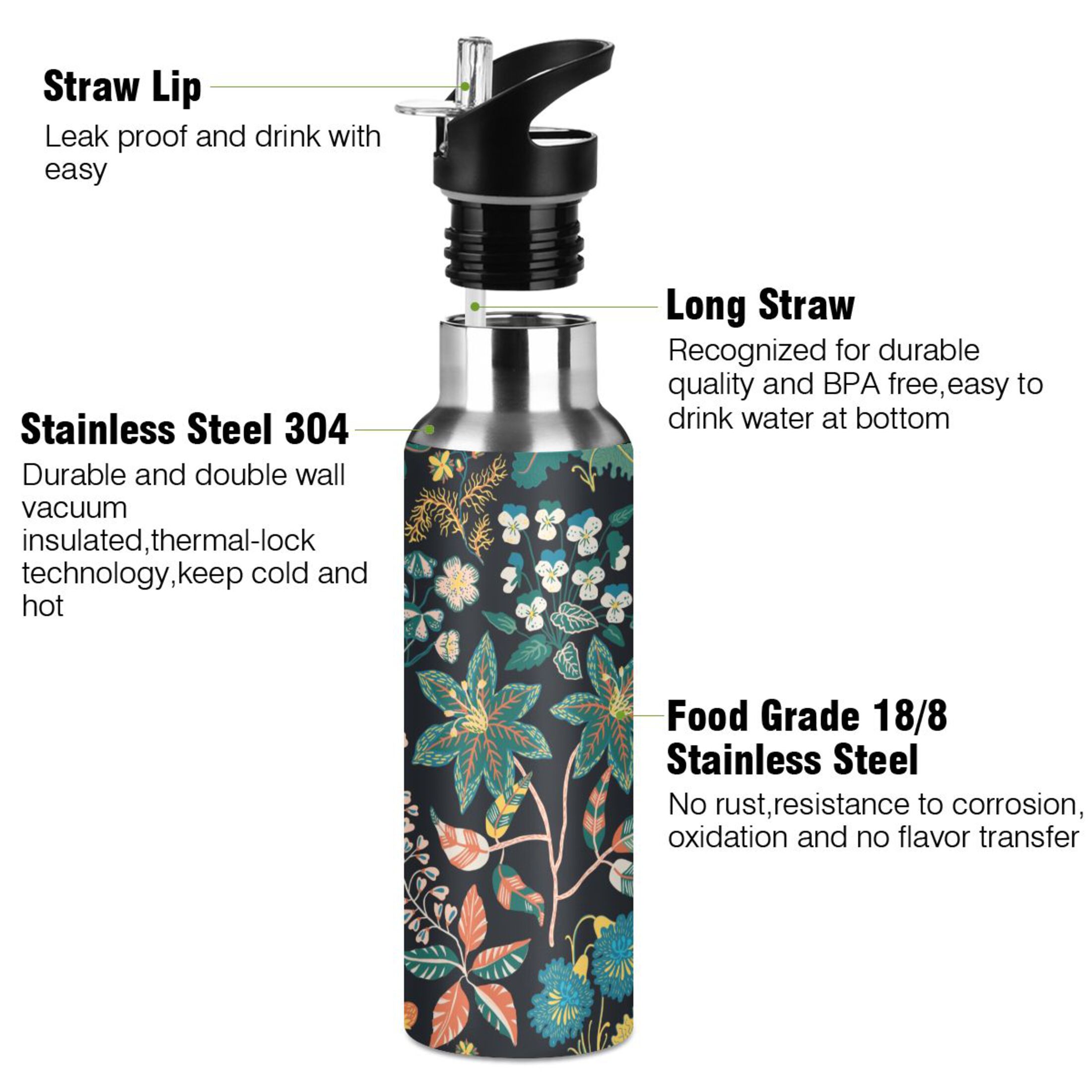 Water Bottle with Straw Lid Leak Colorful Flowers Floral Green Stainless Steel Insulated Thermos Vacuum Flask for Cold Hot Drinking for Sports Camping Gym Yoga