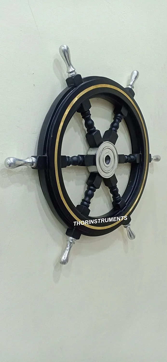 Nautical Black Decorative Wooden Chrome Steering Boat Ship Wheel 18