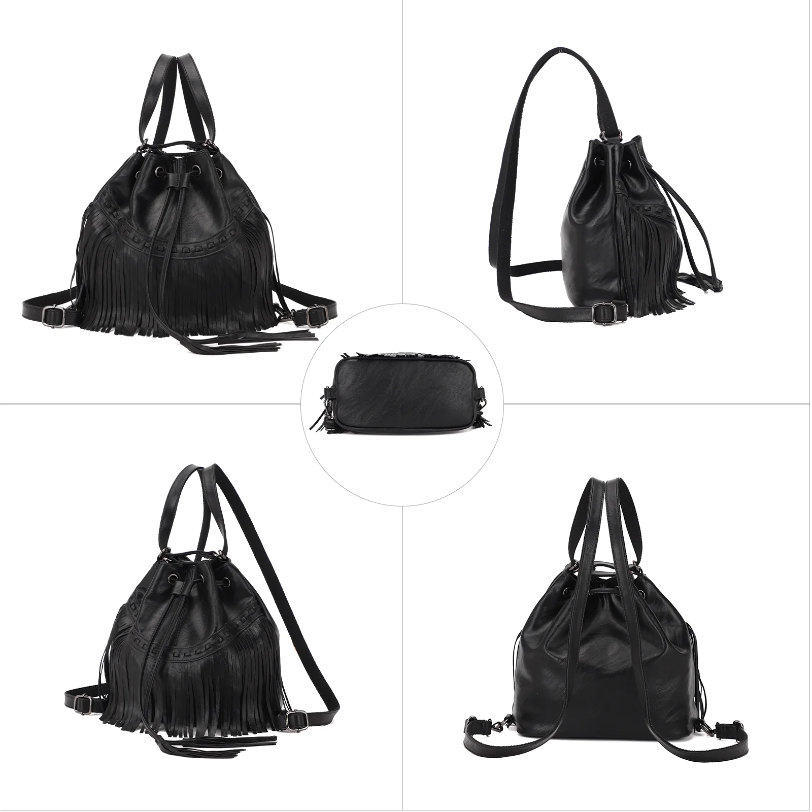 KL928 Women Backpack Purse Fringed Tassel Shoulder Bag with Drawstring Black