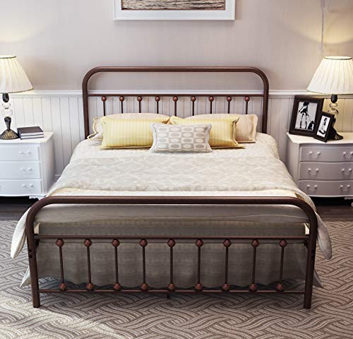TEMMER Metal Bed Frame Queen Size with Headboard and Footboard Single Platform Mattress Base,Metal Tube and Antique Brown Baking Paint Iron-Art Bed (Queen, Antique Brown)