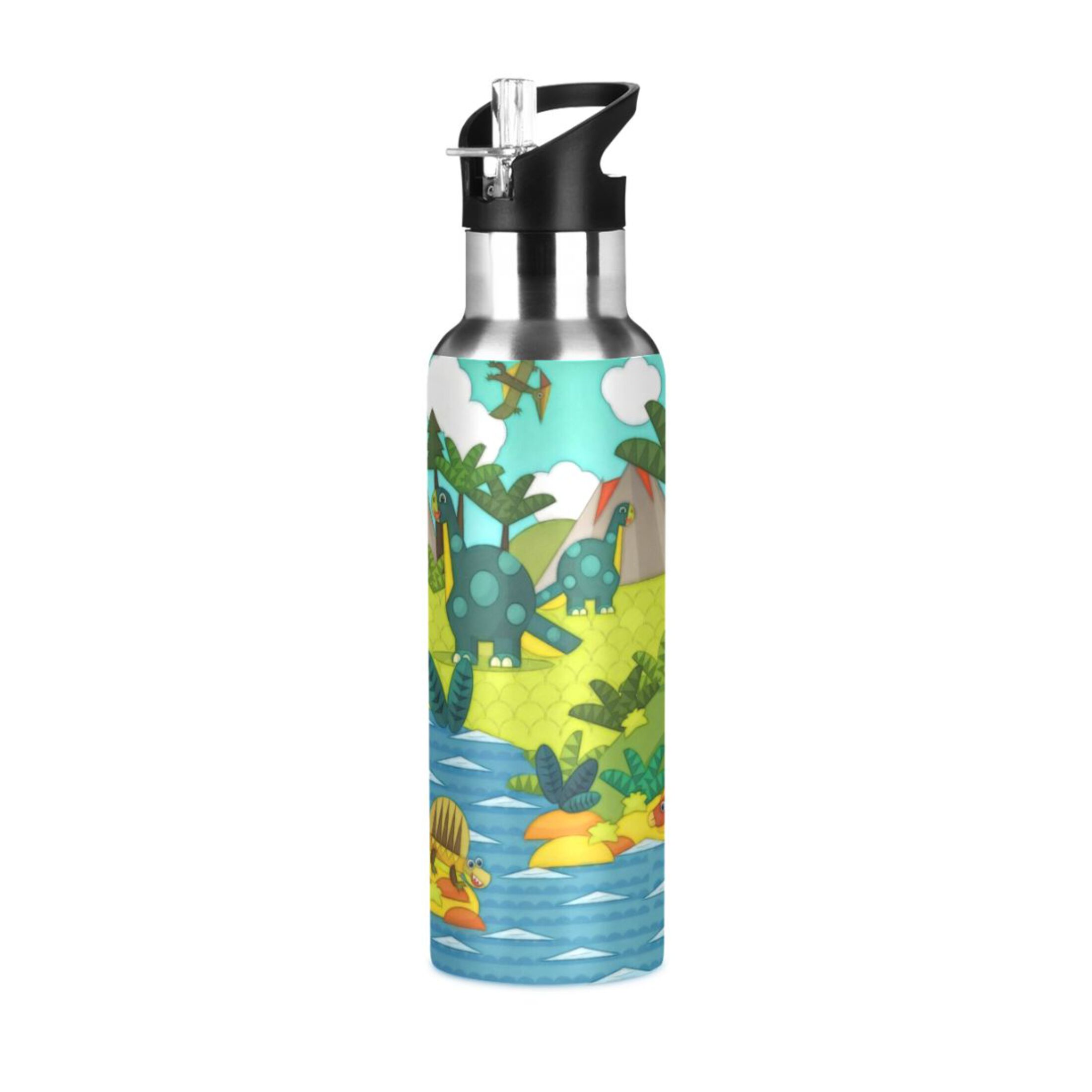 Stainless Steel Water Bottle Dinosaur Land with Straw Lid Vacuum Insulated Keeps Hot and Cold Leak Proof Flask Jug for Gym Travel Sports Cycling Outdoor 20 OZ