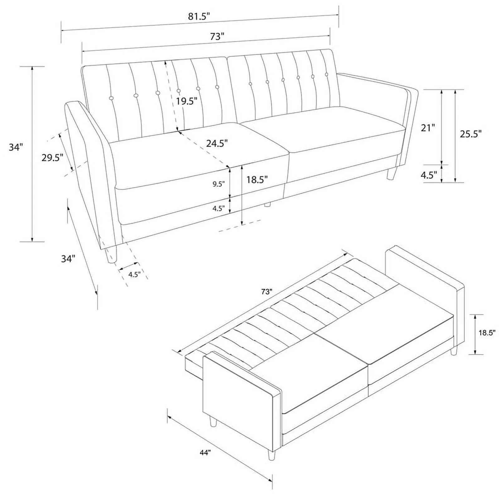 DHP Ivana Mid-Century Wood Tufted Transitional Velvet Futon in Mustard Yellow