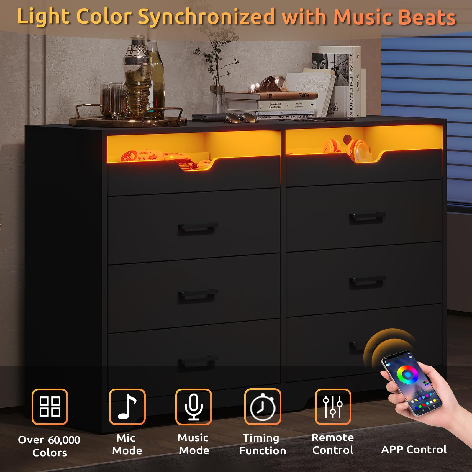 EPHEX Dresser with LED Lights for Bedroom, 6 Drawer Double Dresser with Pull-Out Tray, Black