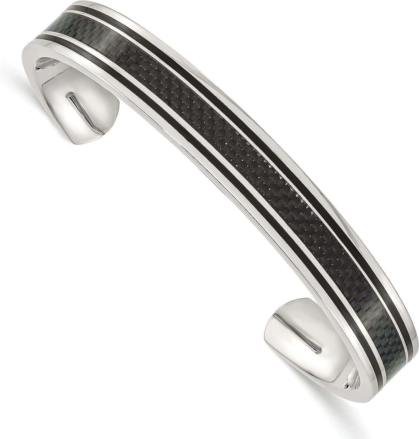 Chisel Stainless Steel Polished Black IP-plated with Black Carbon Fiber Inlay Cuff Bangle - 7.5