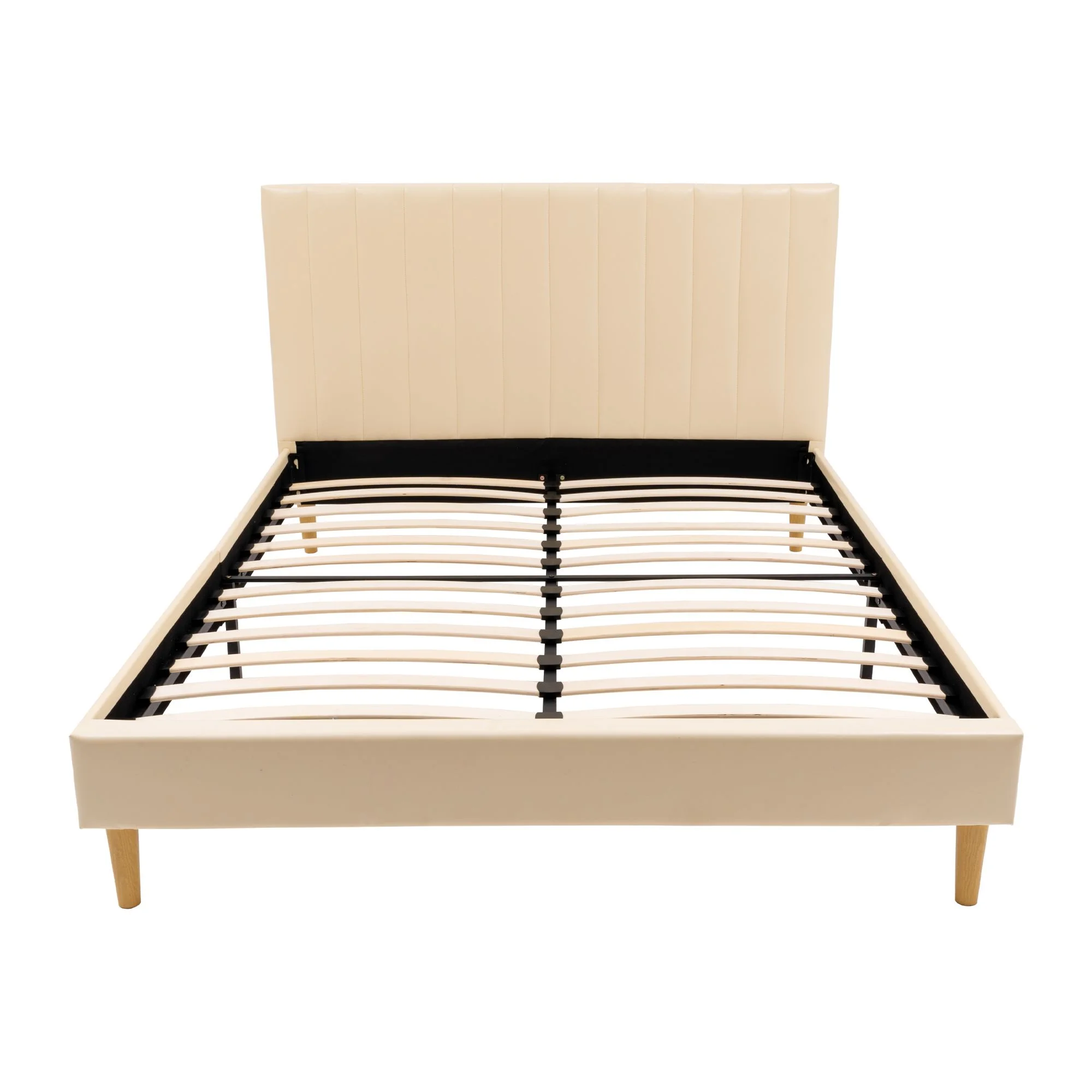 Luxury Queen Size Wood Slat Bed Frame 800 lbs Capacity with PU Leather Headboard Beige