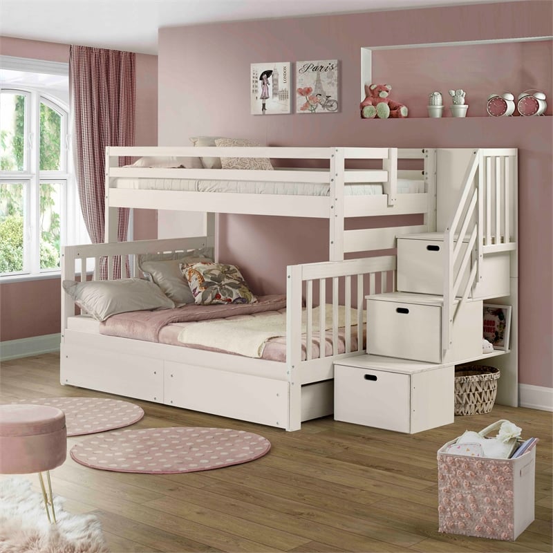 My Bed Now Acadia Twin-over-Full 2-Drawer Wood Bunk Bed w/ Staircase in Cream