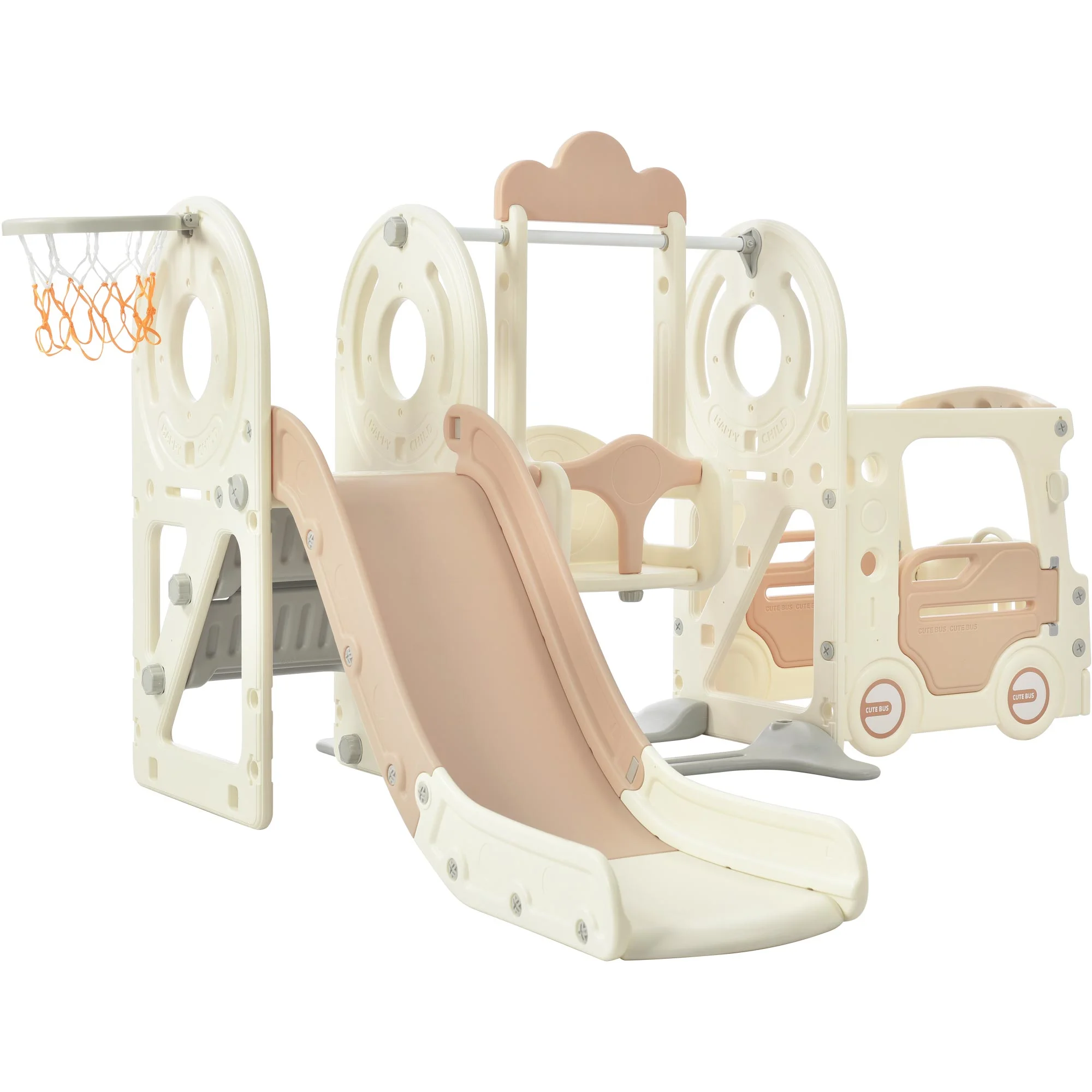 Swing Set Freestanding Bus Toy Frame with Slide and Basketball Hoop.