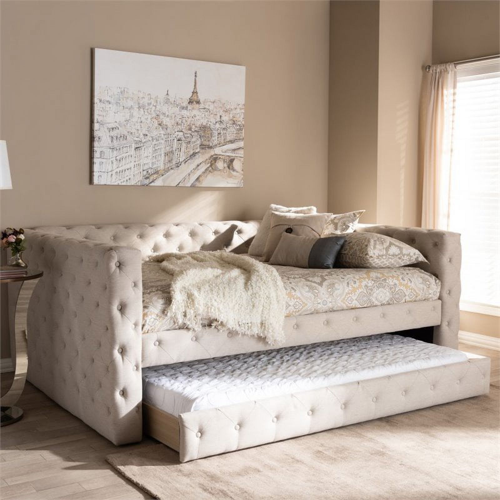 Bowery Hill Fabric Tufted Full Daybed w/ Trundle in Light Beige