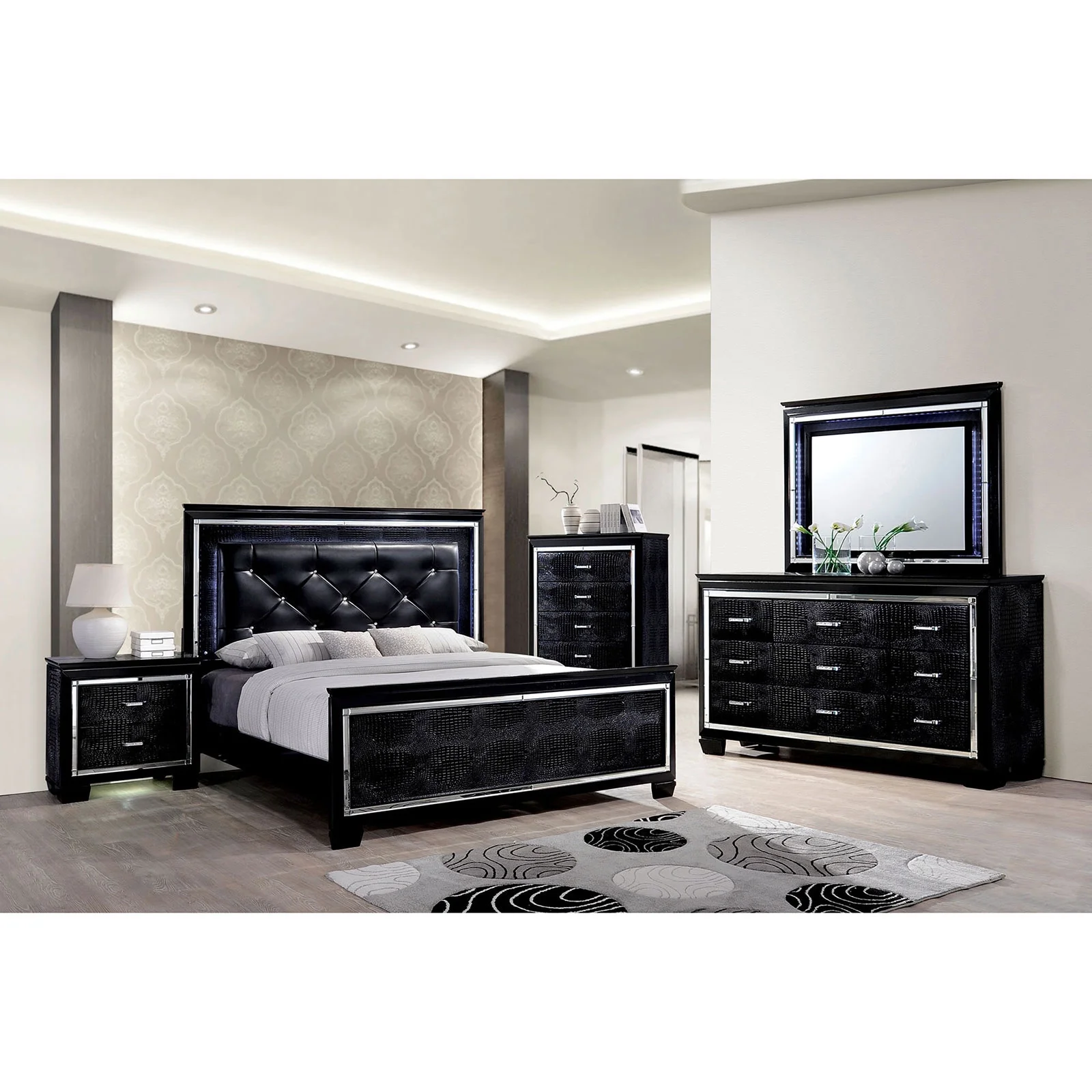 5pc Eastern King Size Bed Set Luxurious Bedroom Furniture Dresser Mirror 2x Nightstands Black Color Solid wood Venneer