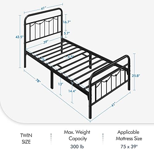 xrboomlife 2 Pcs Twin Size Metal Bed Frame with Vintage Headboard and Footboard  Farmhouse Platform Bed  Heavy Duty Steel Slat Support  13 Inch Under-Bed   No Noise  No Box Spring Needed