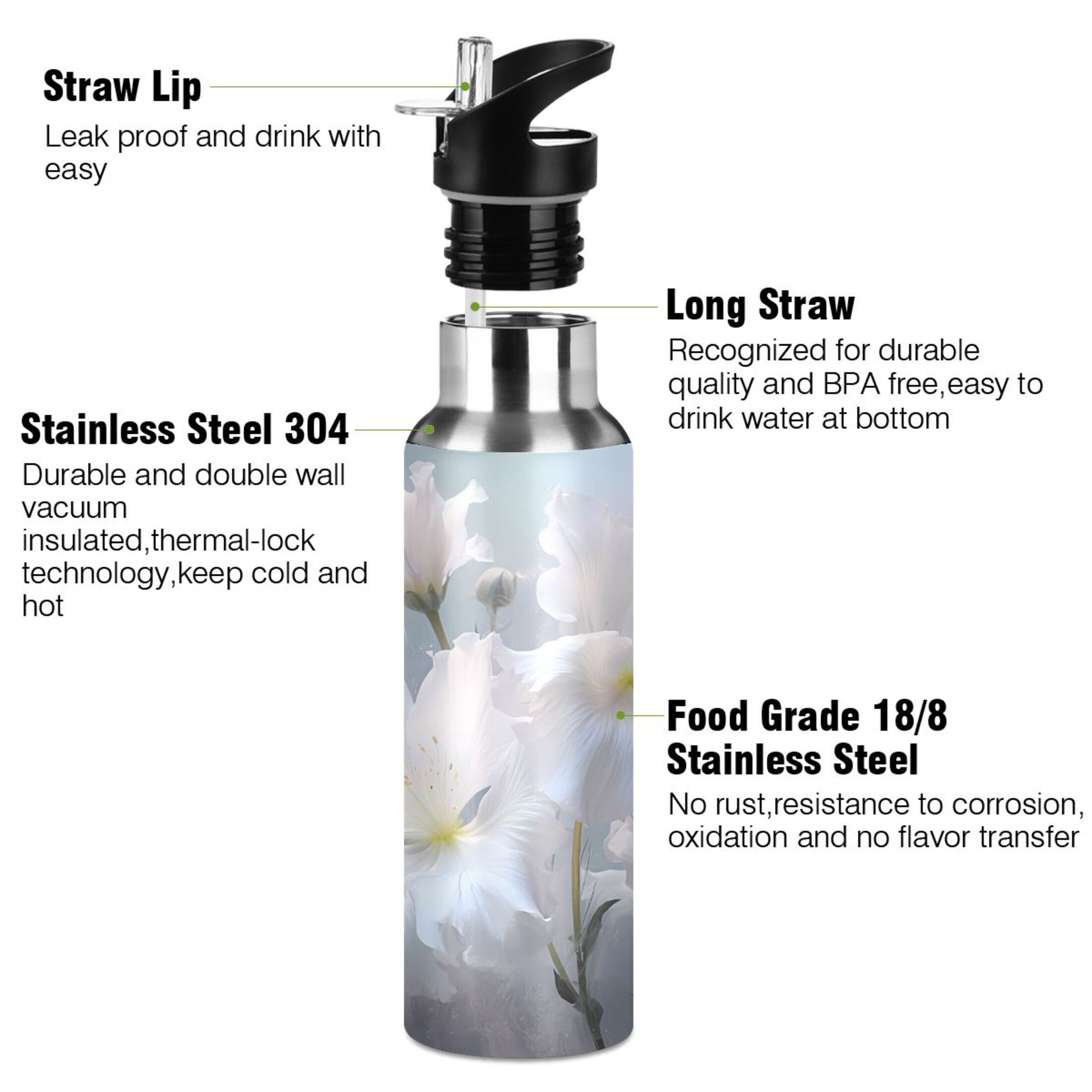 Water Bottle with Straw Lid Leak Lily White Flowers Floral Stainless Steel Insulated Thermos Vacuum Flask for Cold Hot Drinking for Sports Camping Gym Yoga
