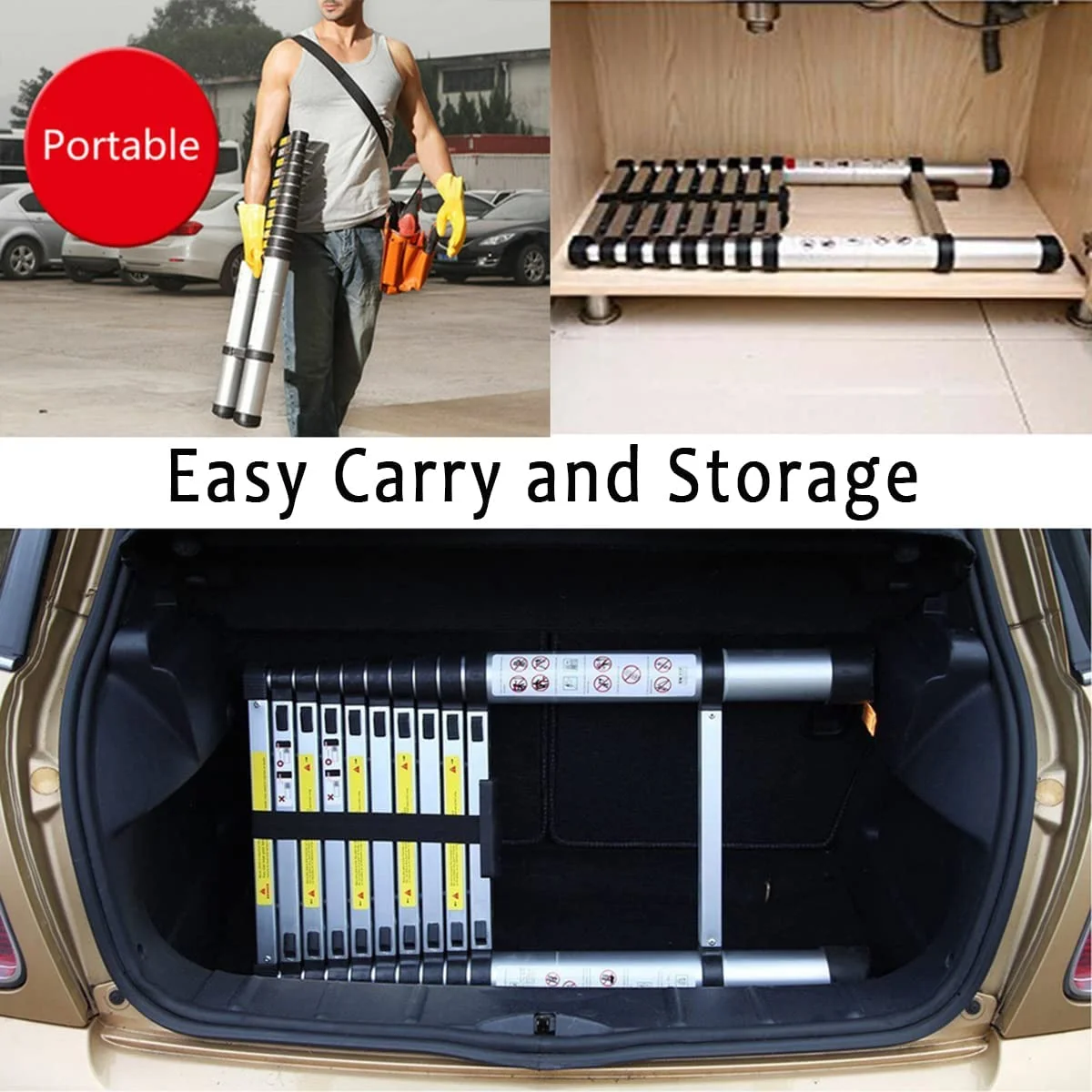 Telescoping Ladder Extension Ladder 10.5FT Collapsible Extendable Ladder, Stainless Steel Attic Ladder Rv Ladder