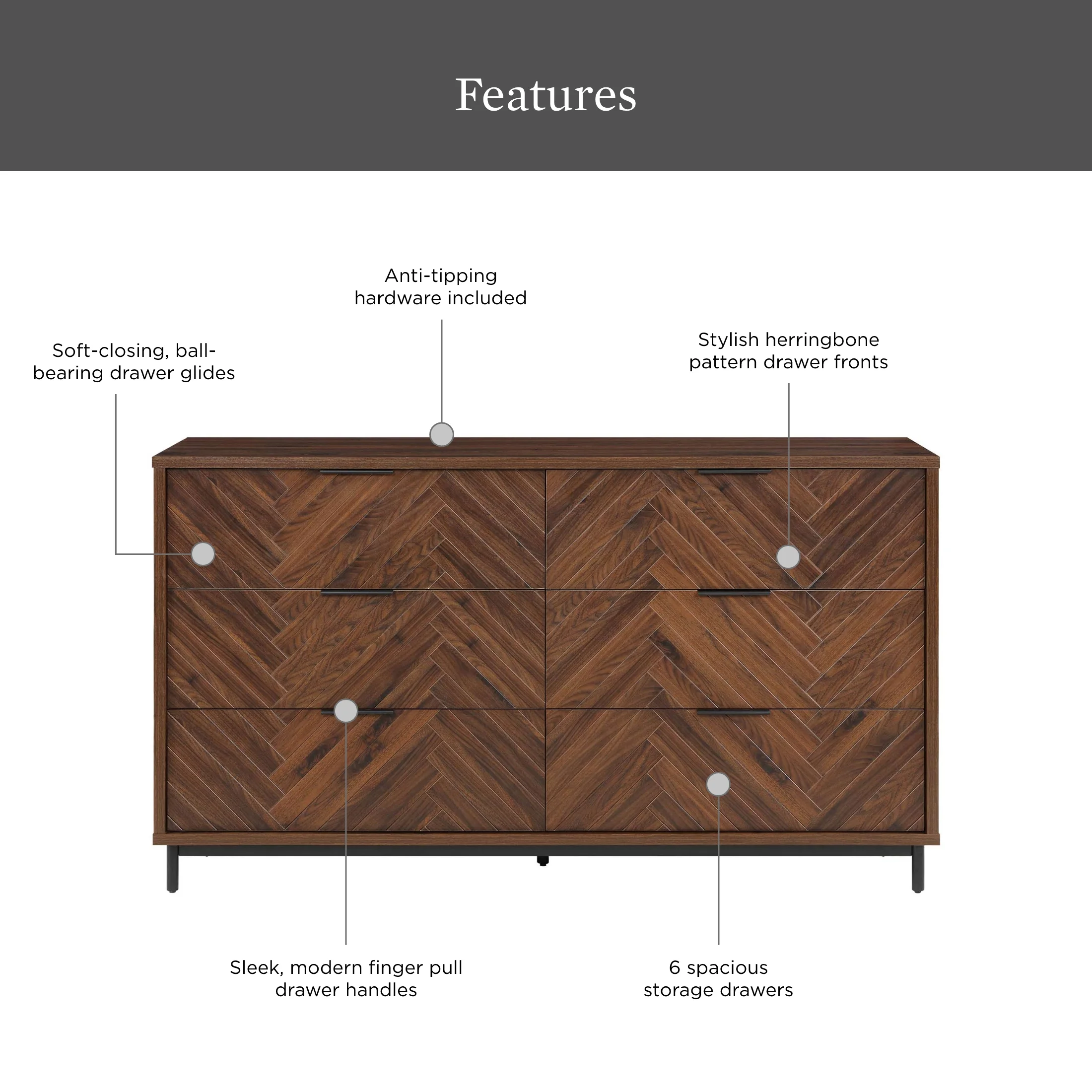 Better Homes & Gardens Wyatt Geo 6-drawer Dresser, Walnut Finish