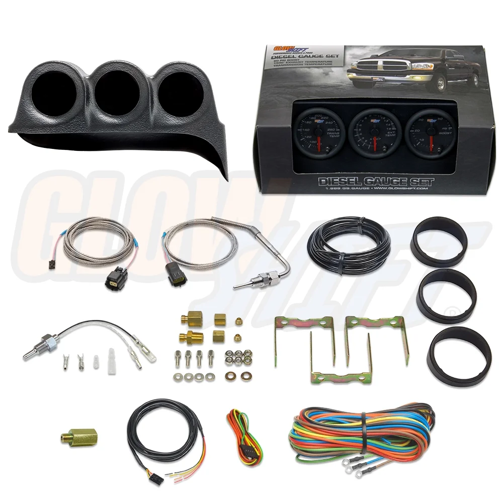 GlowShift 1986-1993 Dodge Ram Cummins Triple Dashboard Gauge Package with Black 7 Color DS1 Gauge Set