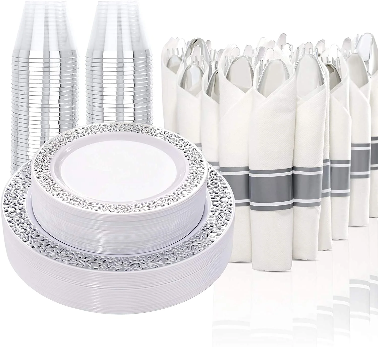 210 Pieces Silver Plastic Dinnerware, Disposable Silver Plates, Includes: 30 Dinner Plates, 30 Salad Plates, 30 Cups 9 OZ and 30 Per Rolled Napkins with Silver Cutlery, For Wedding and Party